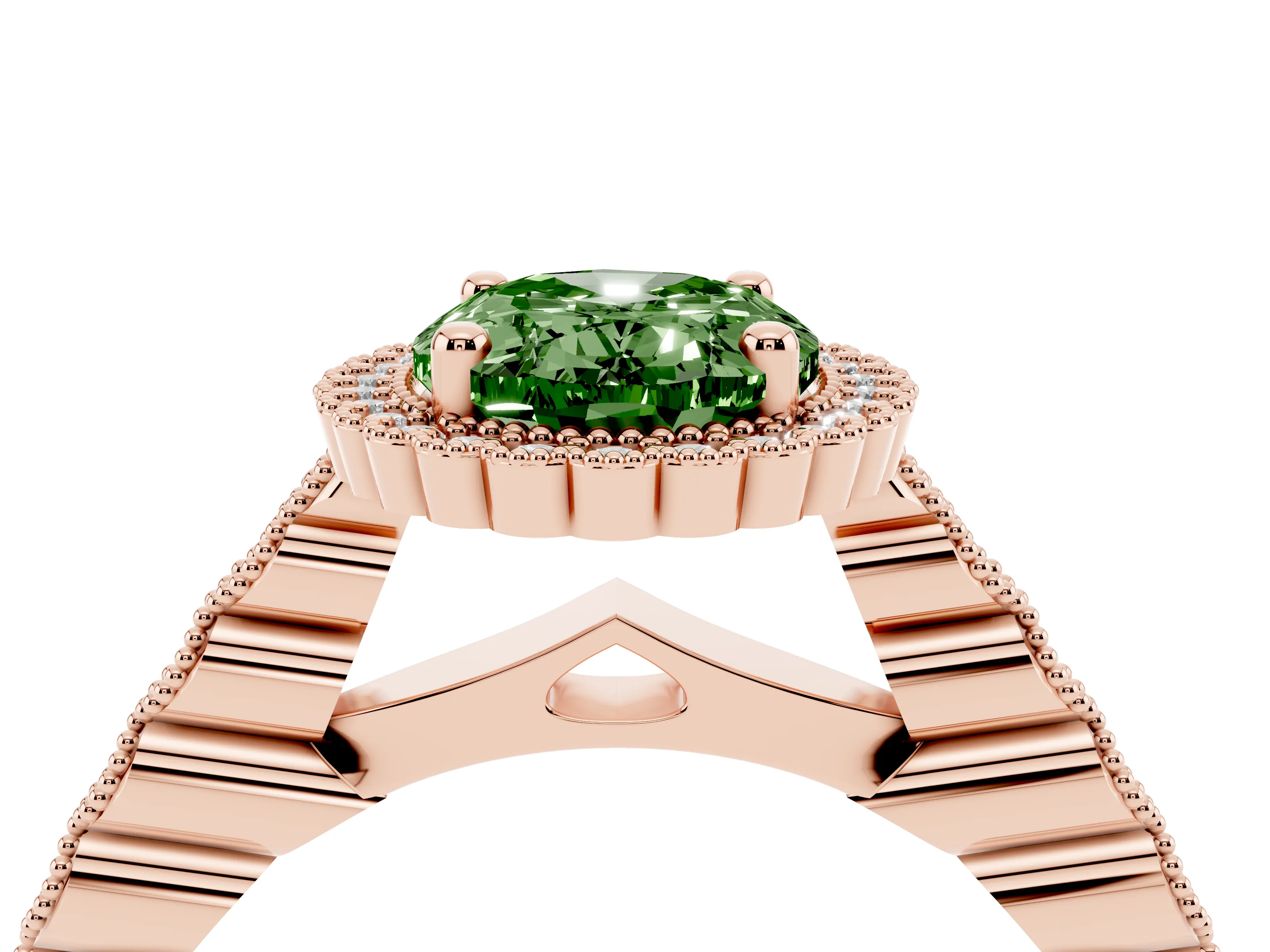 Fancy Green Oval Cut Diamond Halo Ring Set in Rose gold with Pavé Milgrain Band