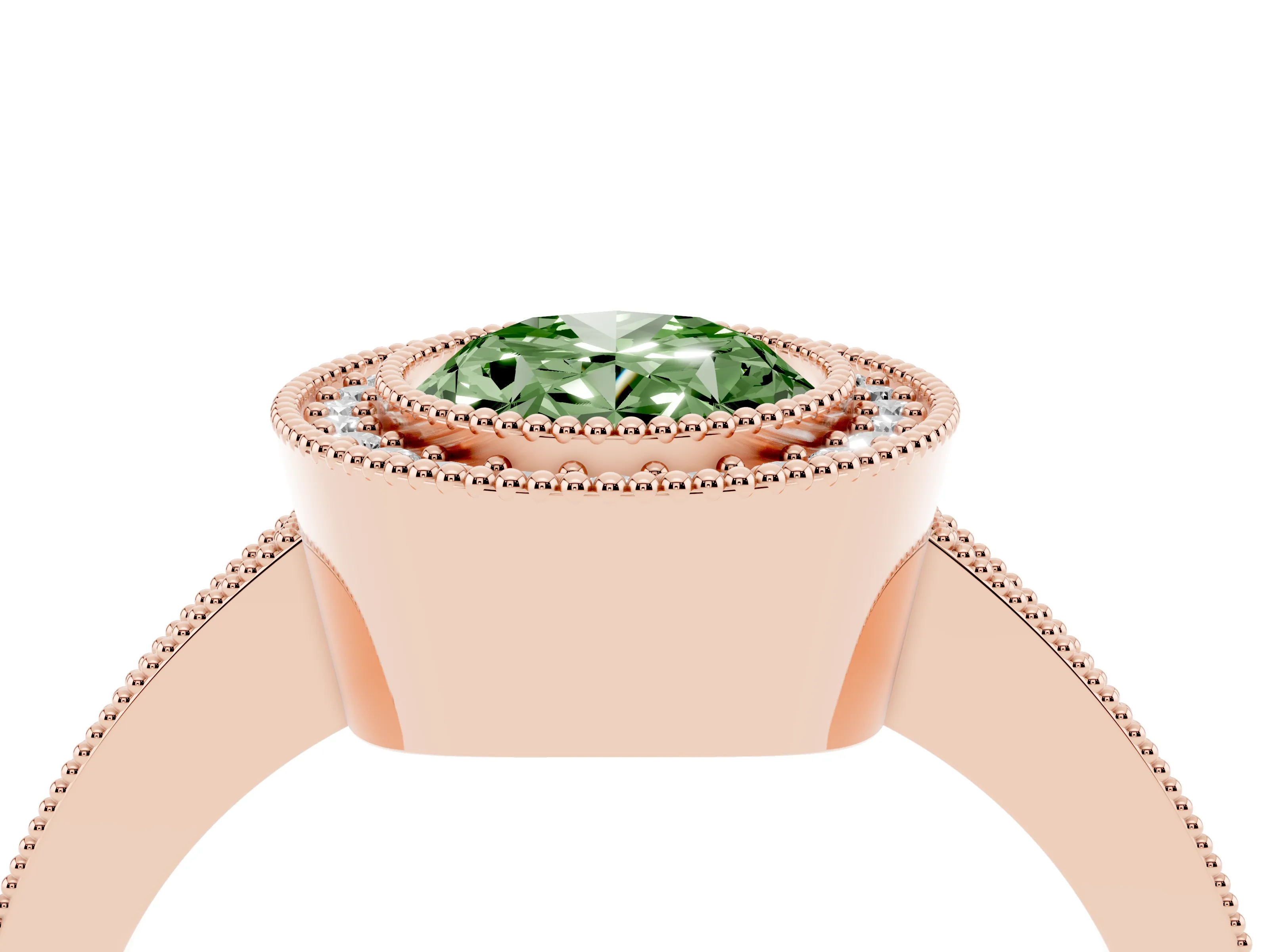 Fancy Green Oval Cut Diamond Halo Engagement Ring Set in Rose gold with Pavé Band and Round Halo Stones