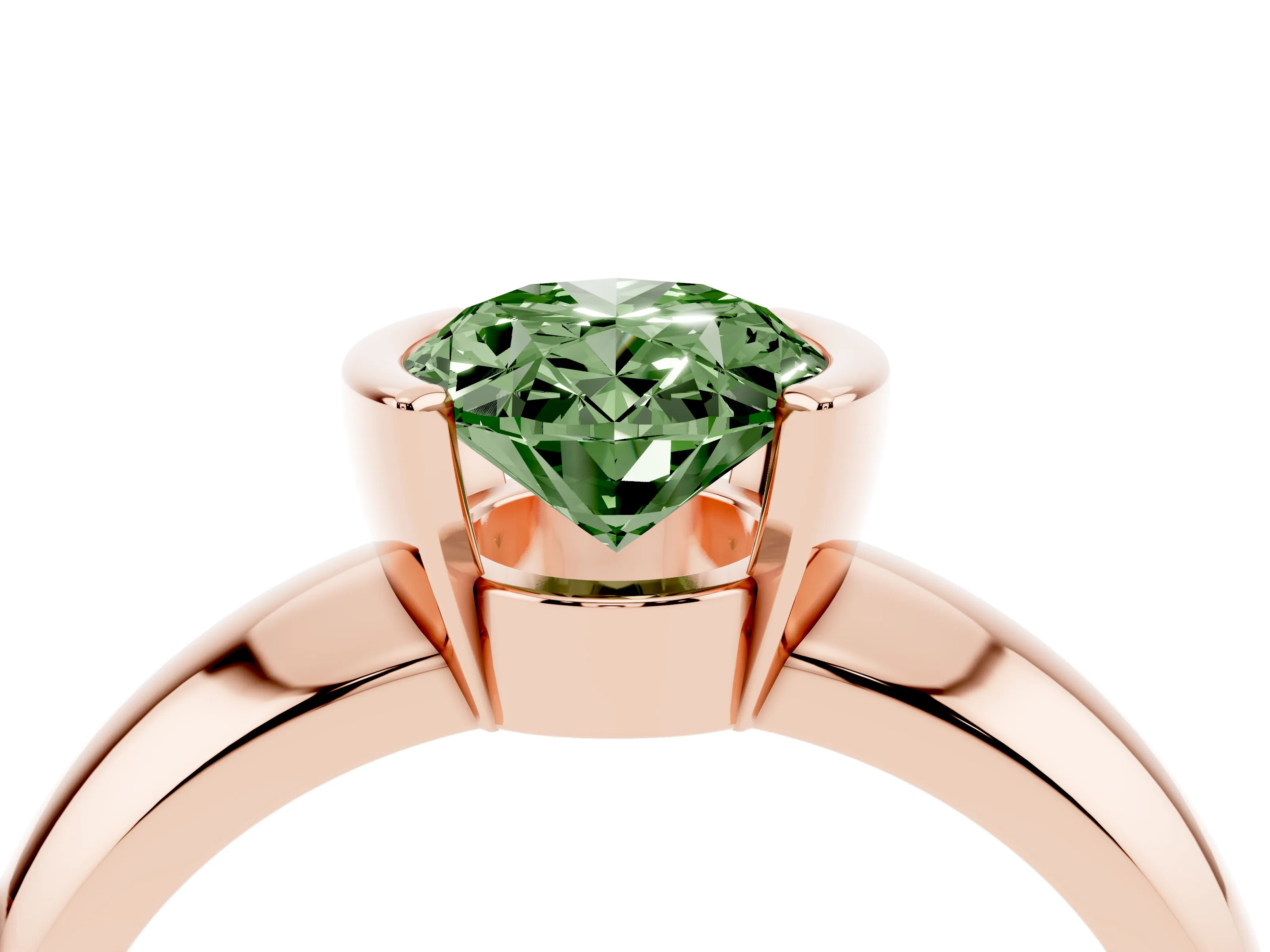 Fancy Green Oval Cut Diamond Solitaire Tension Set Ring Set in Rose gold with Wide Band