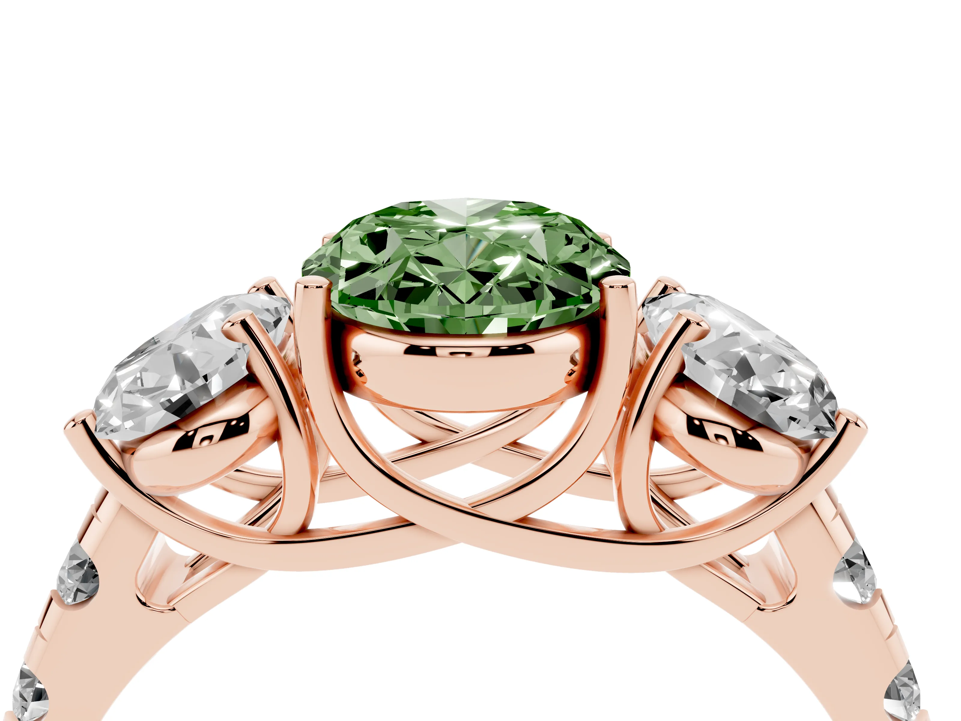 Fancy Green Oval Cut Diamond Three-Stone Ring Set in Rose gold with Pavé Band