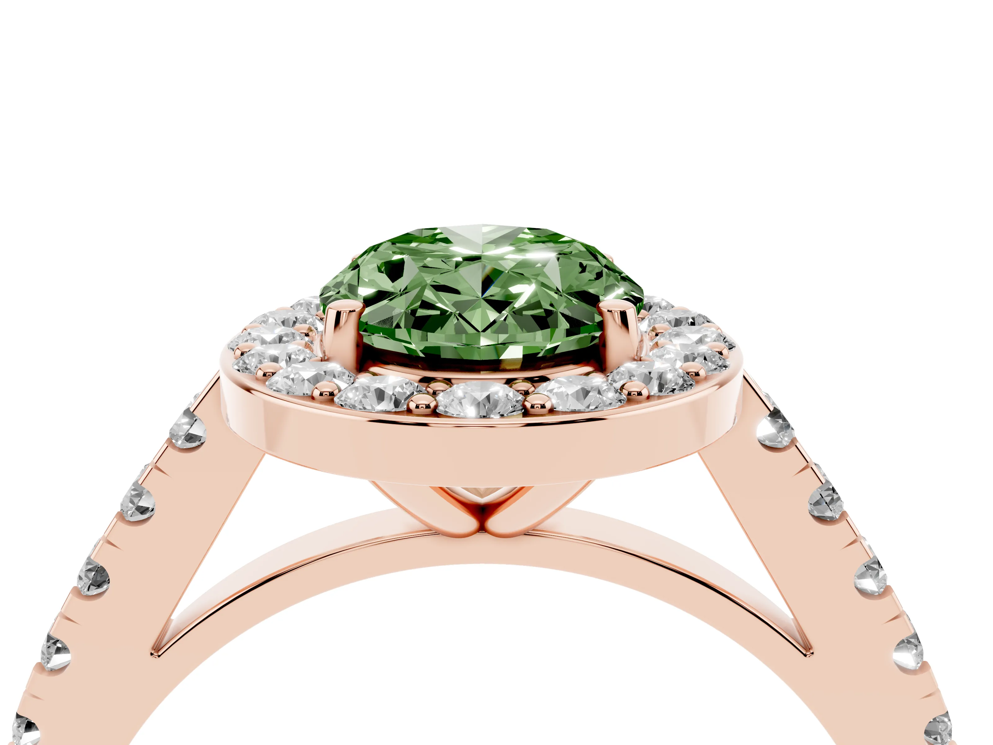 Fancy Green Oval Cut Diamond Halo Ring Set in Rose gold with Round Pavé Split Shank and Prong Setting