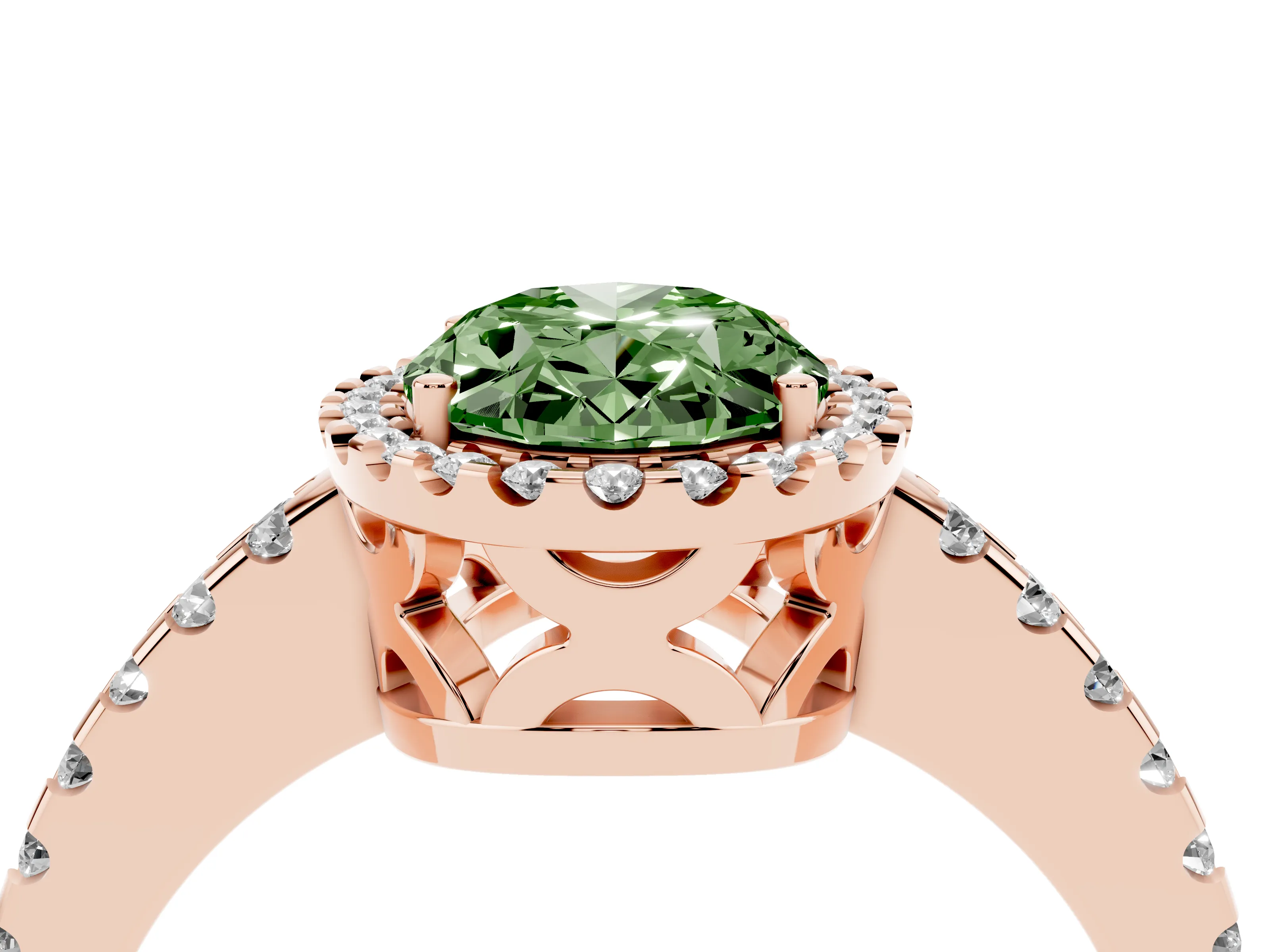 Fancy Green Oval Cut Diamond Halo Ring Set in Rose gold with Pavé Shoulders and Halo-Framed Center
