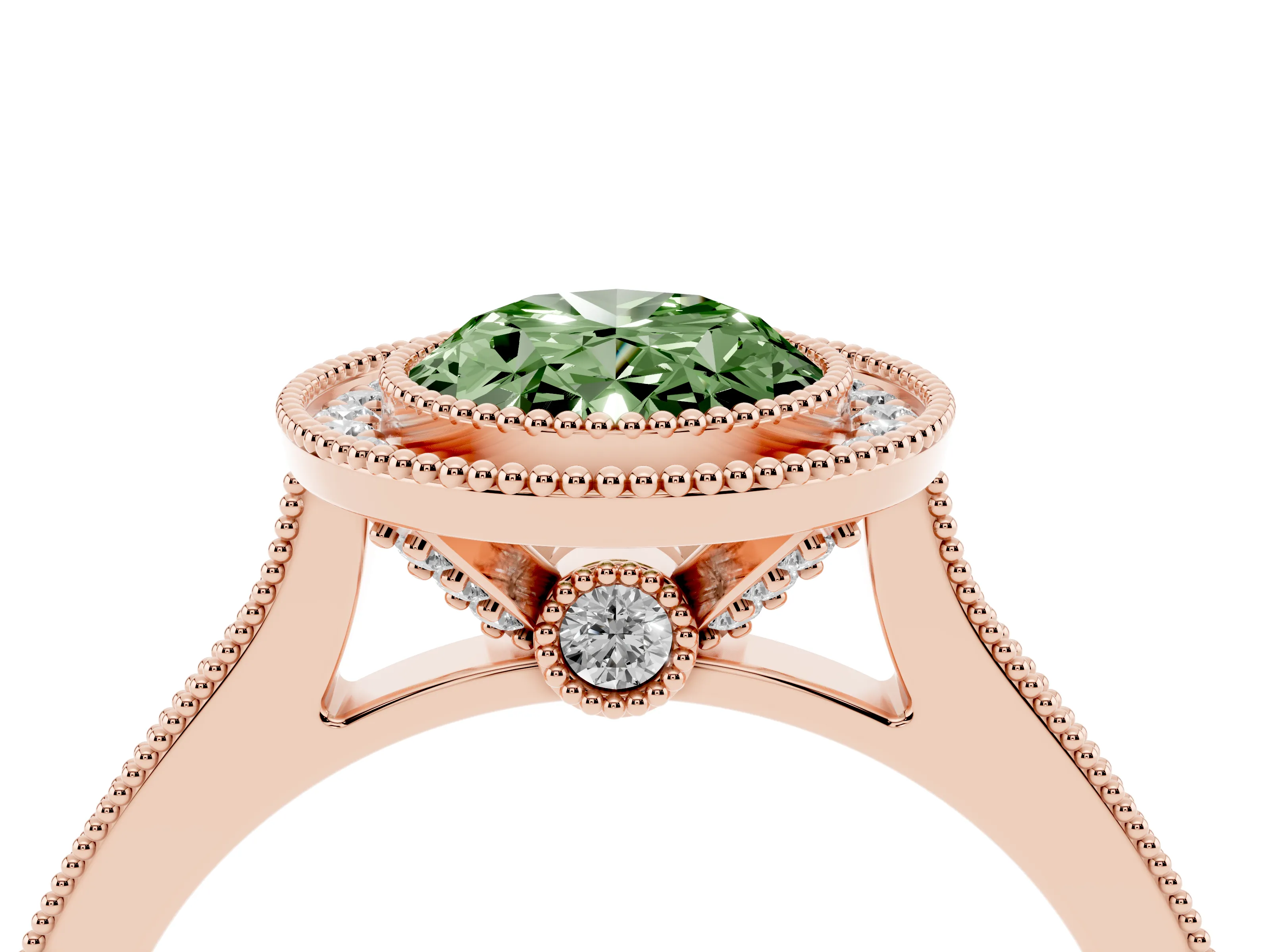 Fancy Green Oval Cut Diamond Halo Milgrain Pavé Band Ring Set in Rose gold with Prong Setting