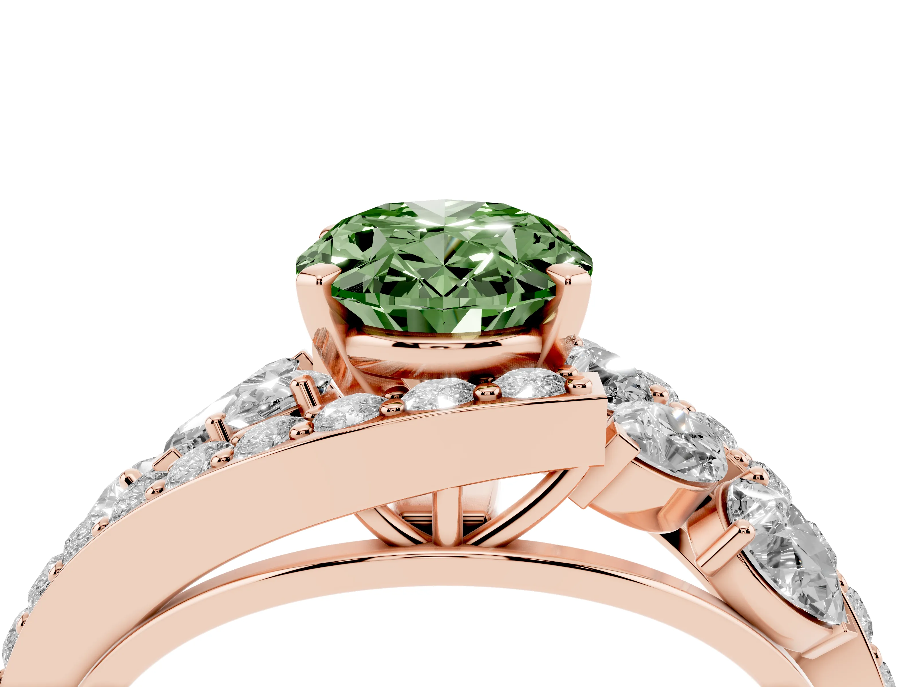 Fancy Green Oval Cut Diamond Halo Ring Set in Rose gold with Marquise and Pavé Band in Prong Setting