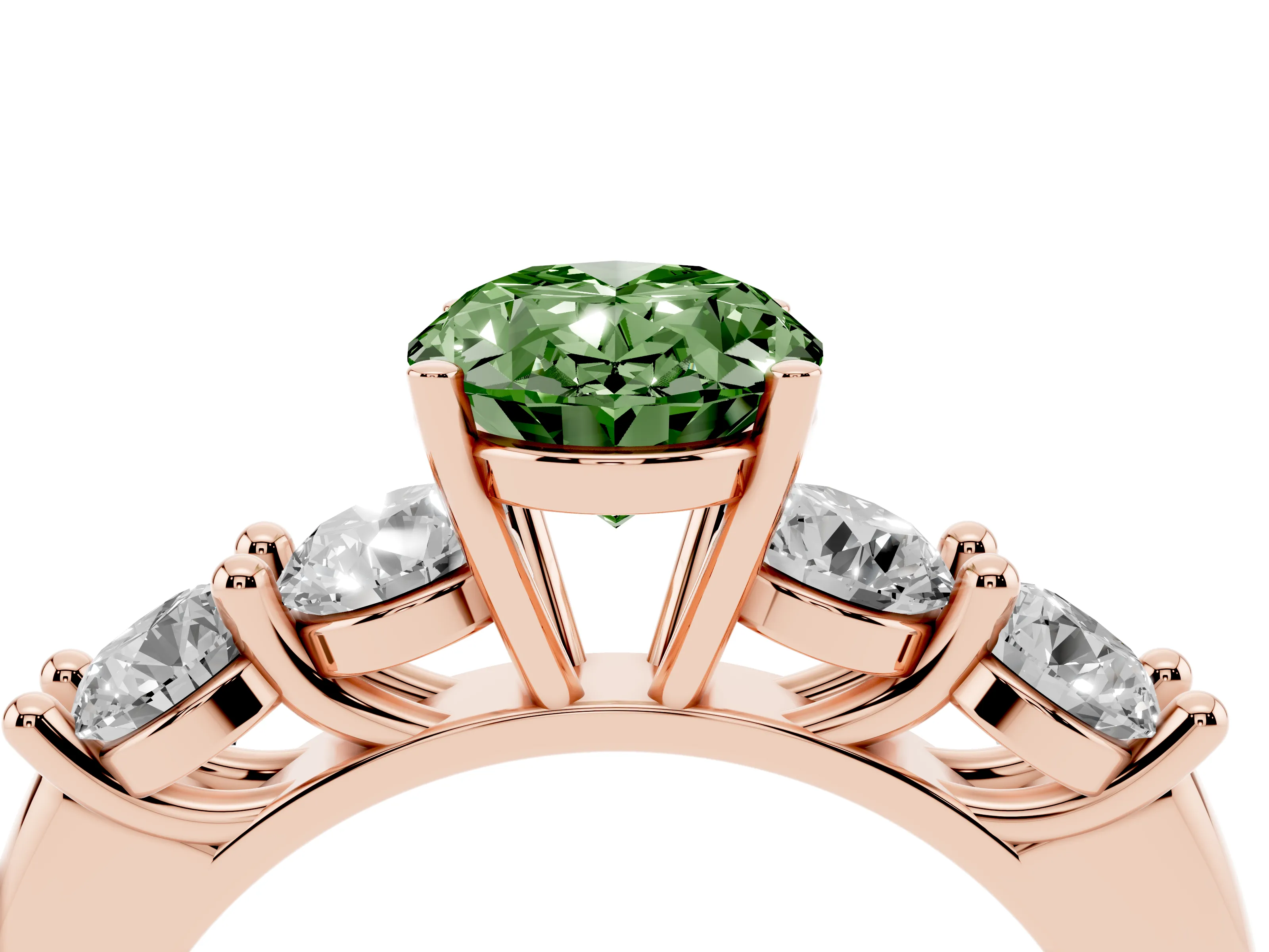 Fancy Green Oval Cut Diamond Five-Stone Prong Set Ring Set in Rose gold with Classic Band