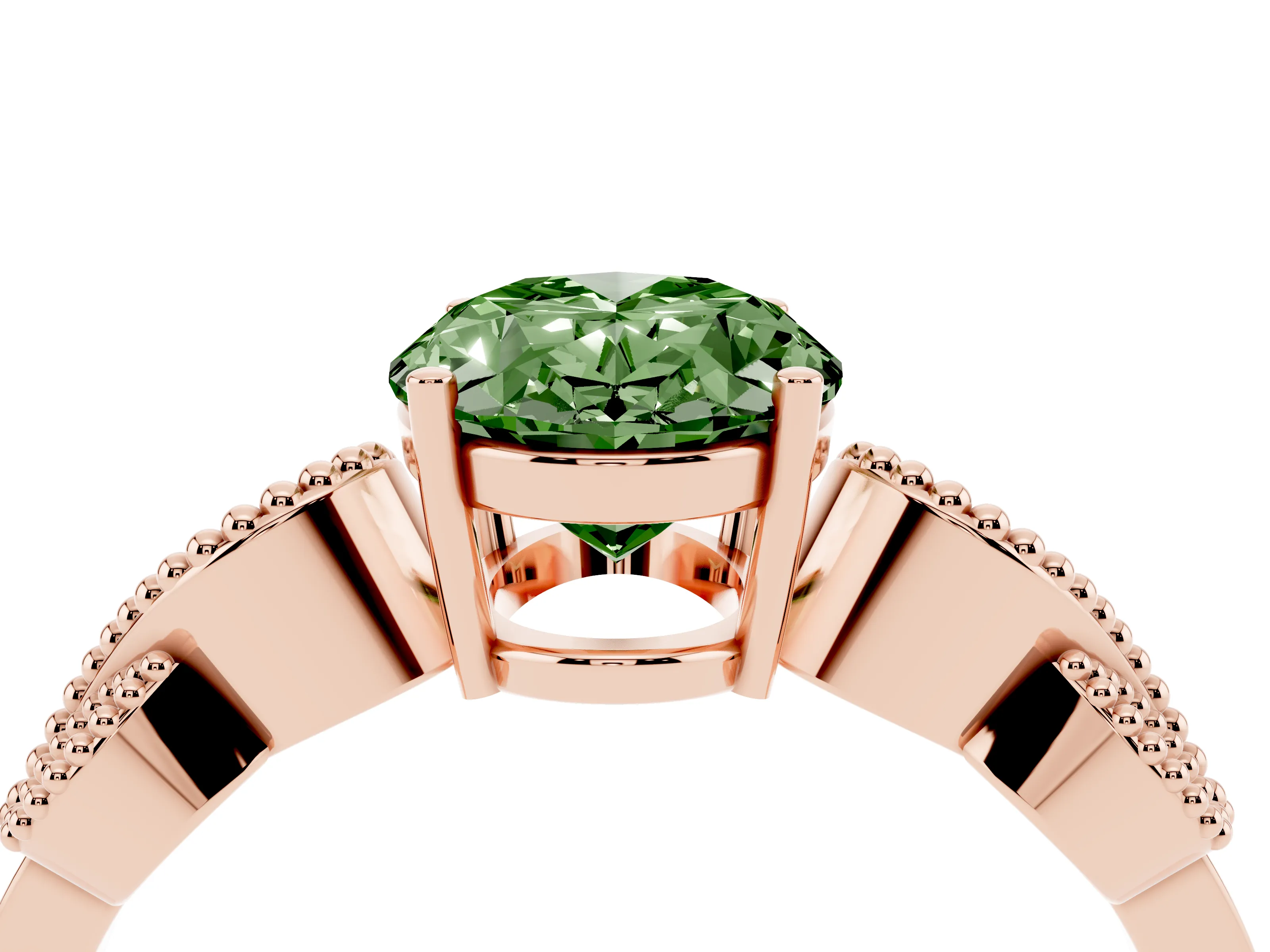 Fancy Green Oval Cut Diamond Milgrain Leaf Band Solitaire Ring Set in Rose gold with Accent Stones and Prong Setting