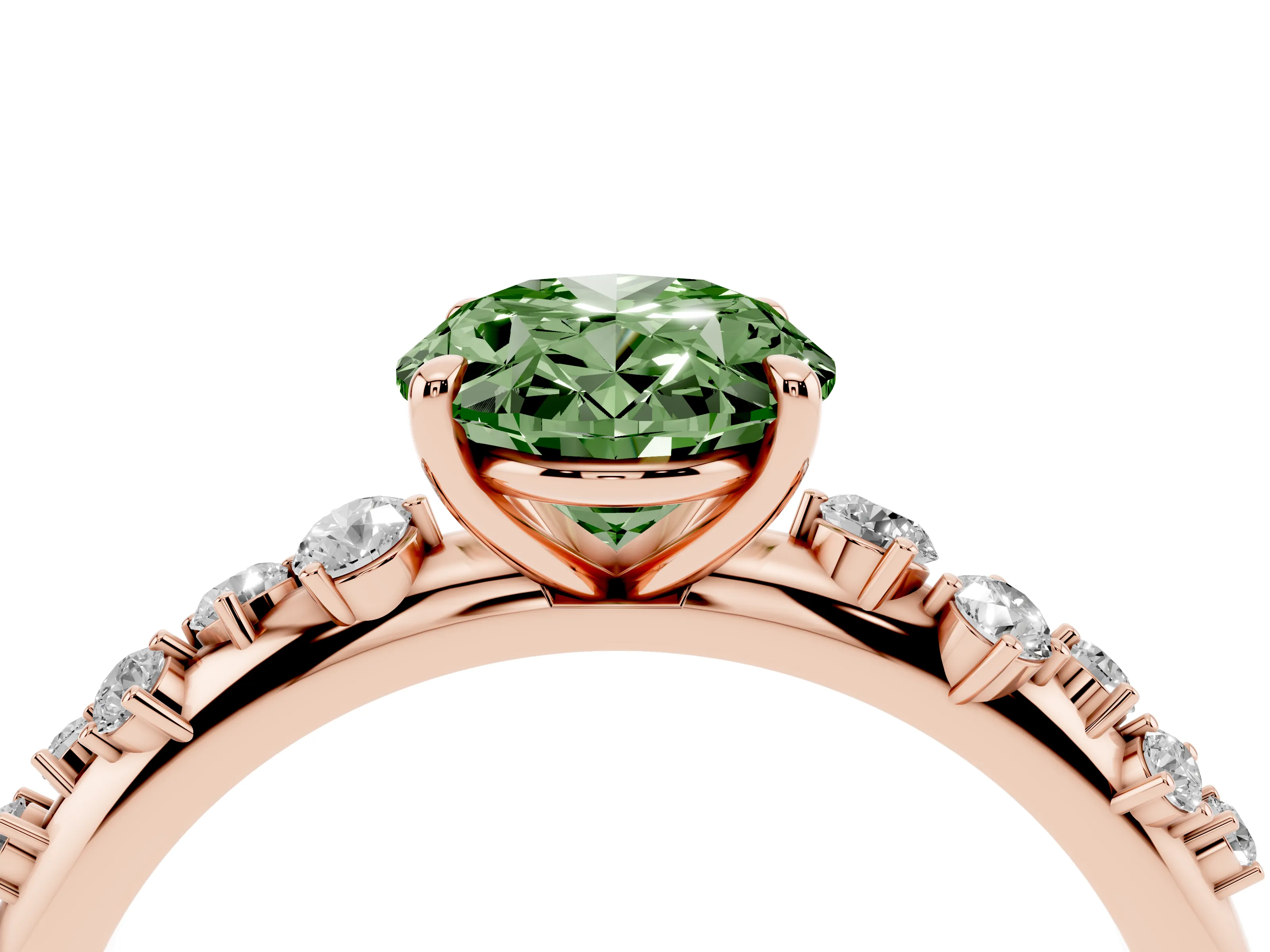 Fancy Green Oval Cut Diamond Cluster Solitaire Ring Set in Rose gold with Prong Setting