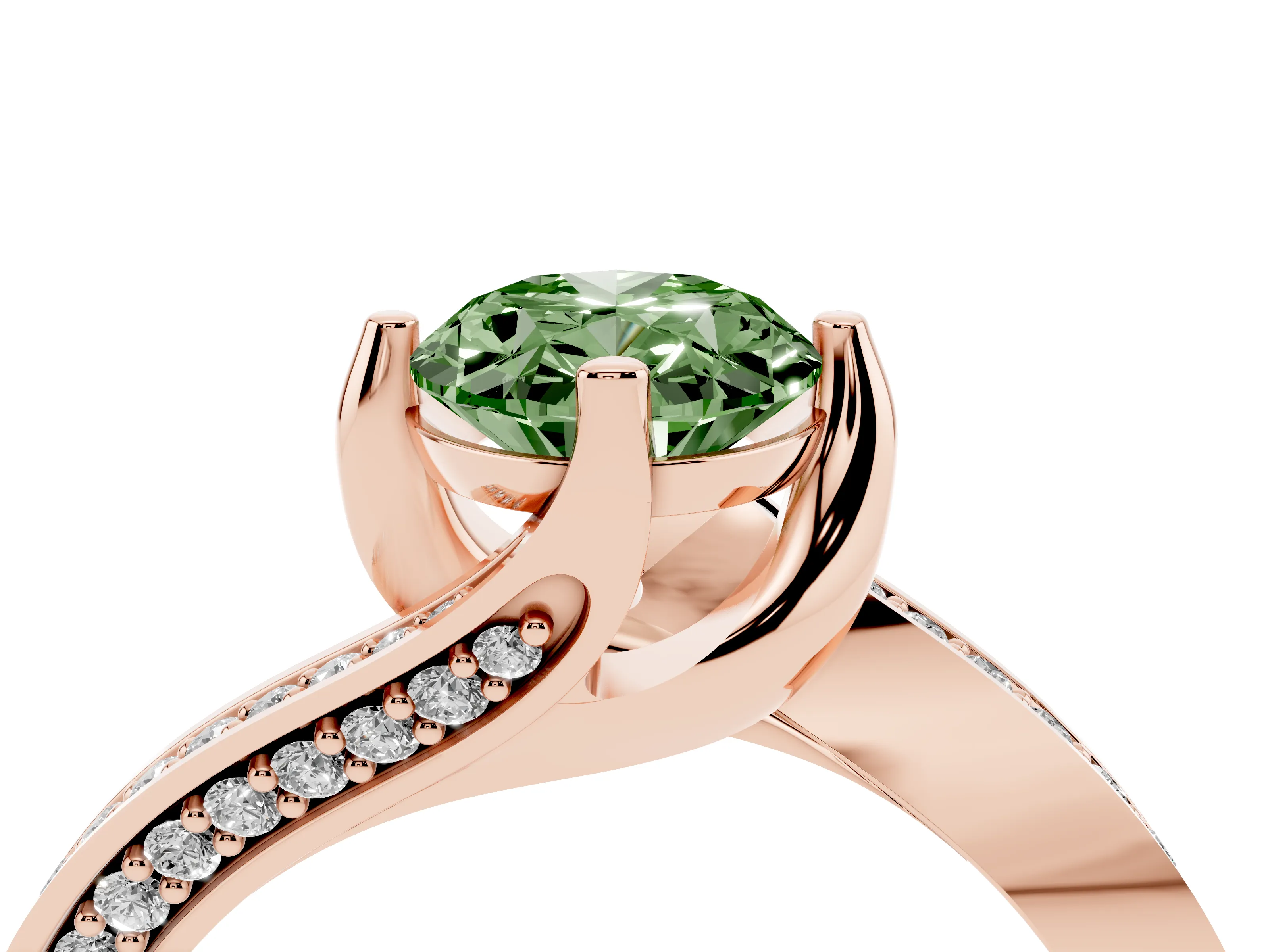 Fancy Green Oval Cut Diamond Solitaire Ring Set in Rose gold with Intertwined Pavé Twist Band