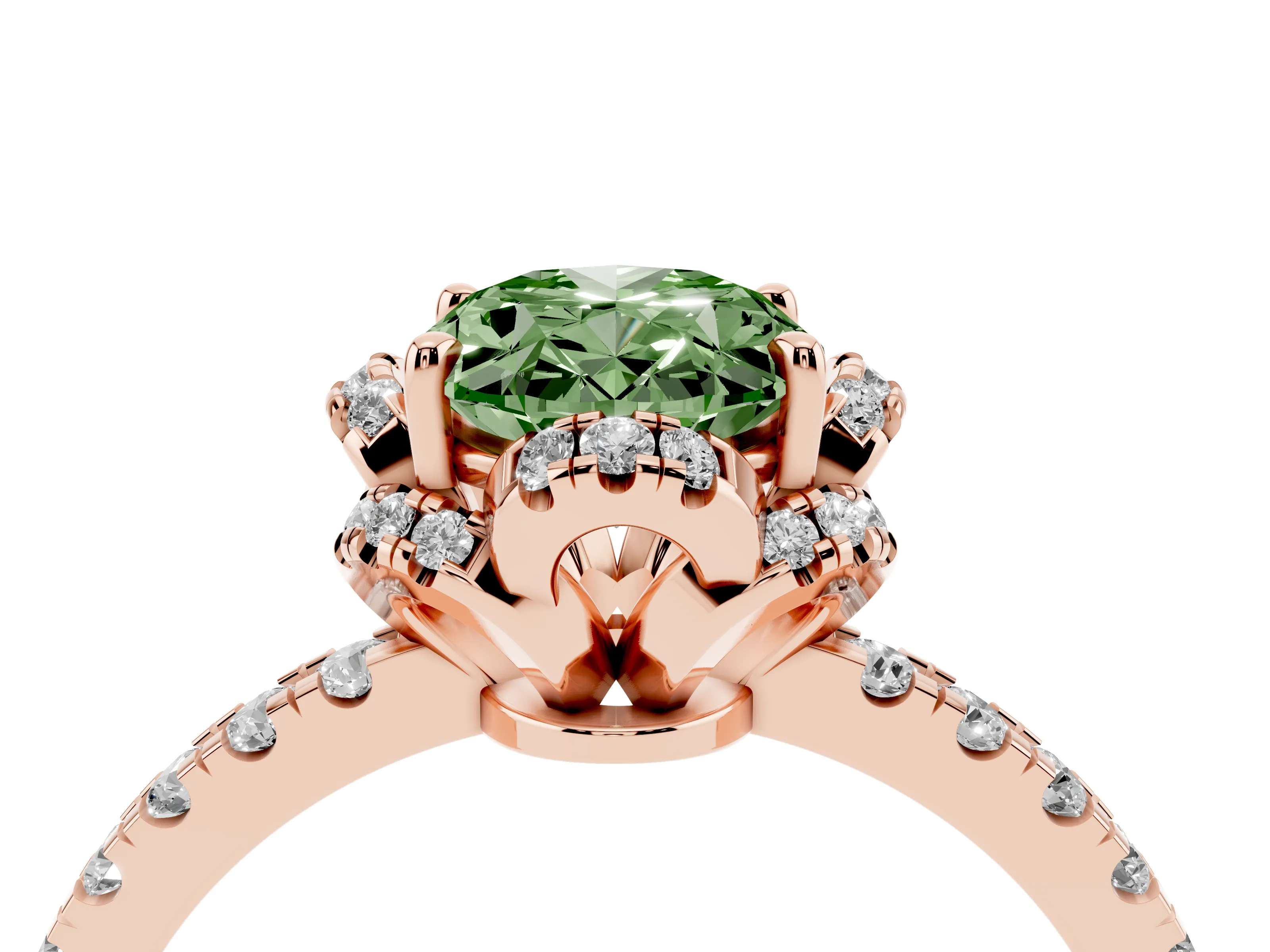Fancy Green Oval Cut Diamond Halo Pavé Band Ring Set in Rose gold with Prong-Held Center