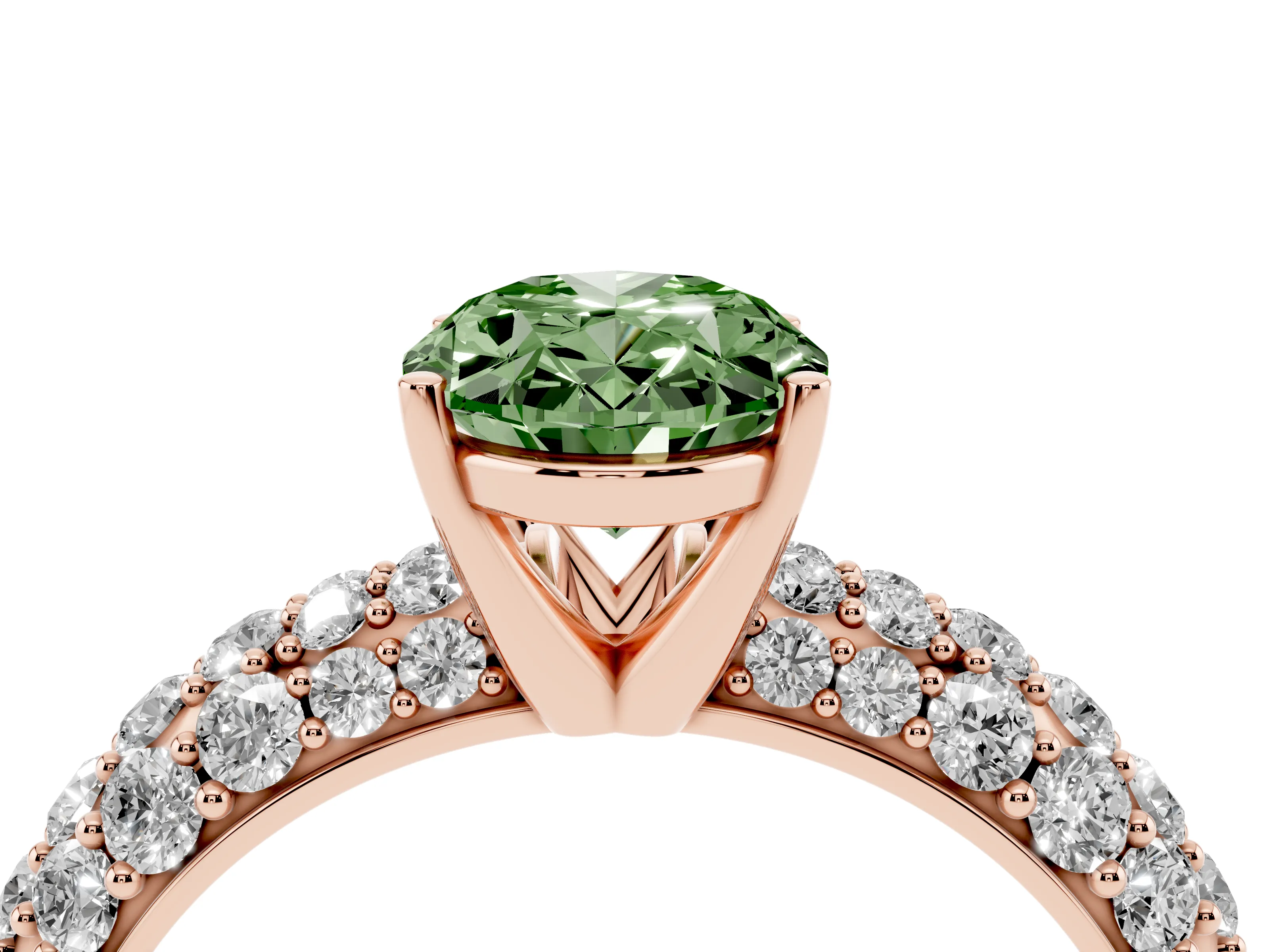 Fancy Green Oval Cut Diamond Pavé Band Solitaire Ring Set in Rose gold with Close-Set Accent Stones and Prong Setting