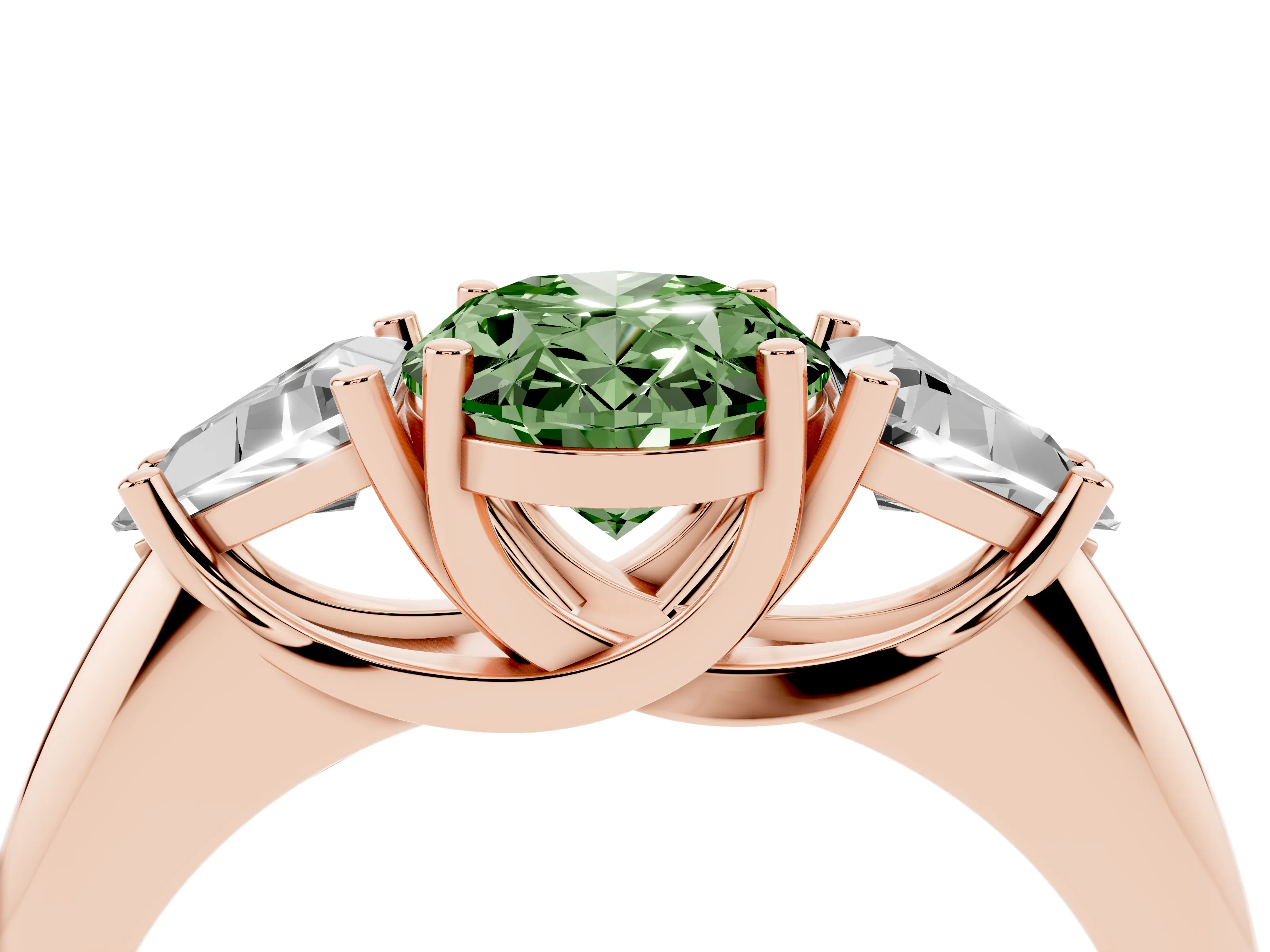 Fancy Green Oval Cut Diamond Three-Stone Engagement Ring Set in Rose gold with Trillion Side Stones