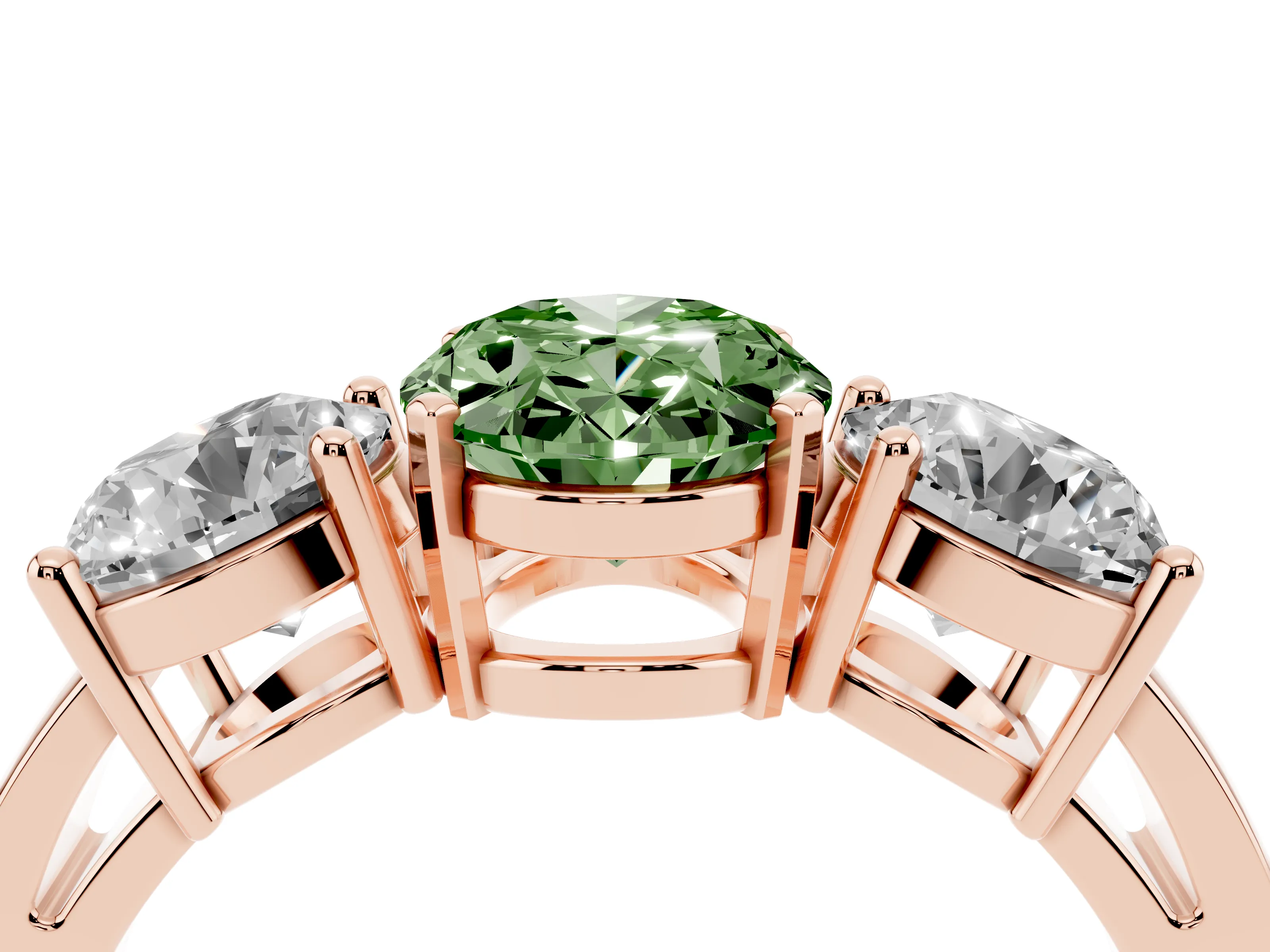 Fancy Green Oval Cut Diamond Three-Stone Ring Set in Rose gold with Round Side Stones and Classic Band