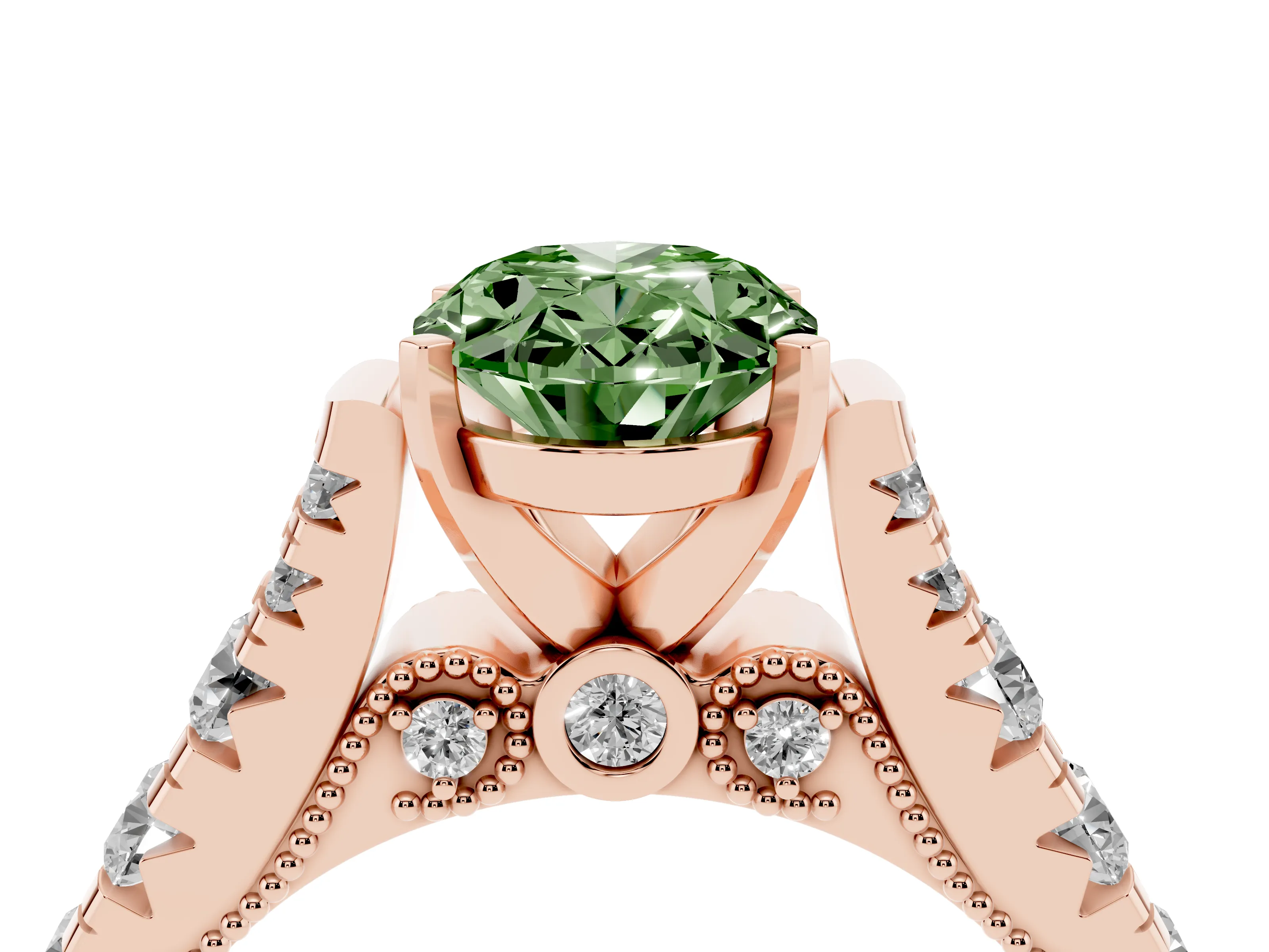 Fancy Green Oval Cut Diamond Classic Solitaire Ring Set in Rose gold with Pavé Band and Prong Setting