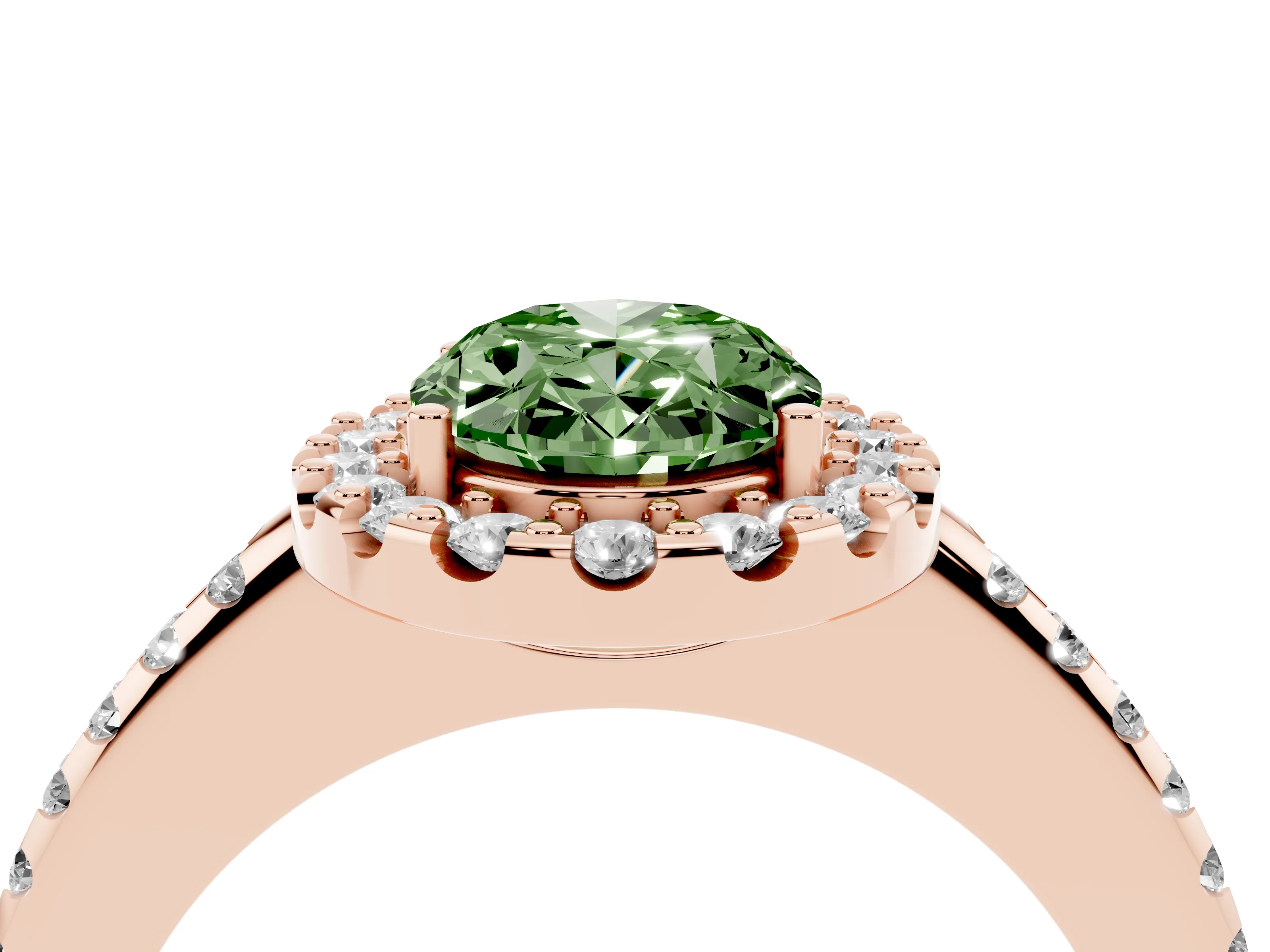 Fancy Green Oval Cut Diamond Pavé Halo Ring Set in Rose gold with Prong Setting