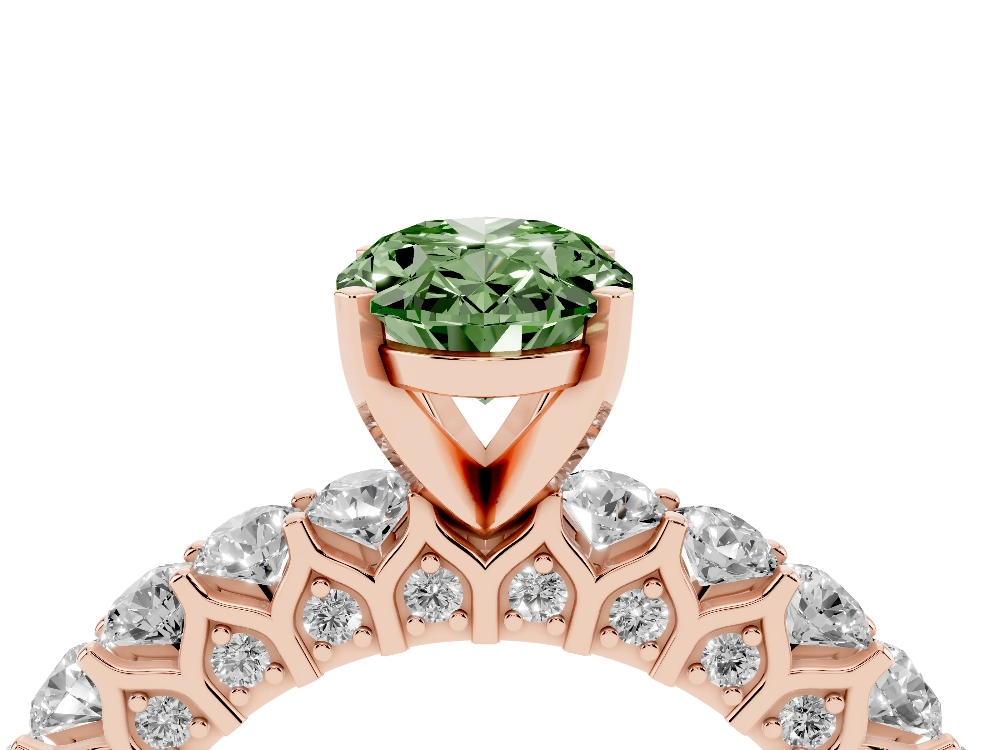 Fancy Green Oval Cut Diamond Solitaire Ring Set in Rose gold with Shared Prong Pavé Band