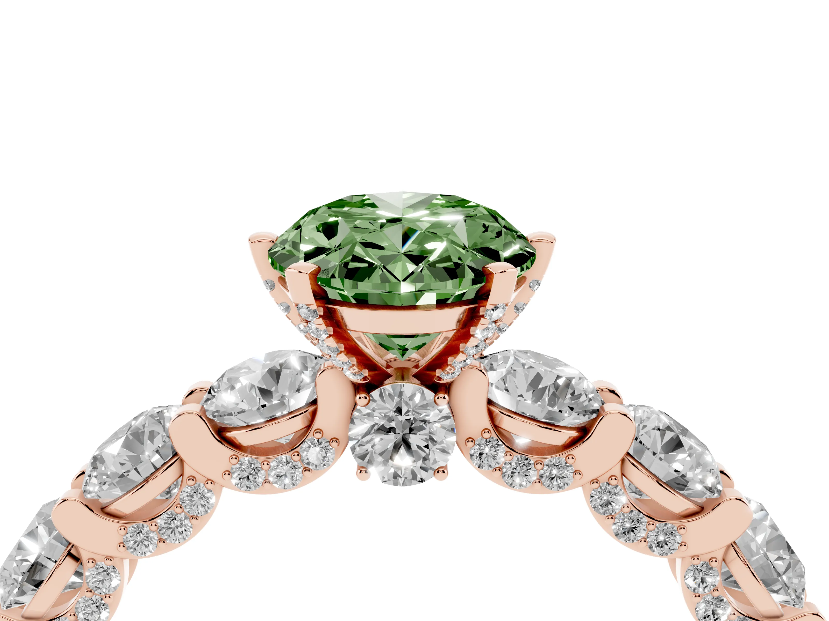 Fancy Green Oval Cut Diamond Side Stone Ring Set in Rose gold with Alternating Round and Oval Side Stones