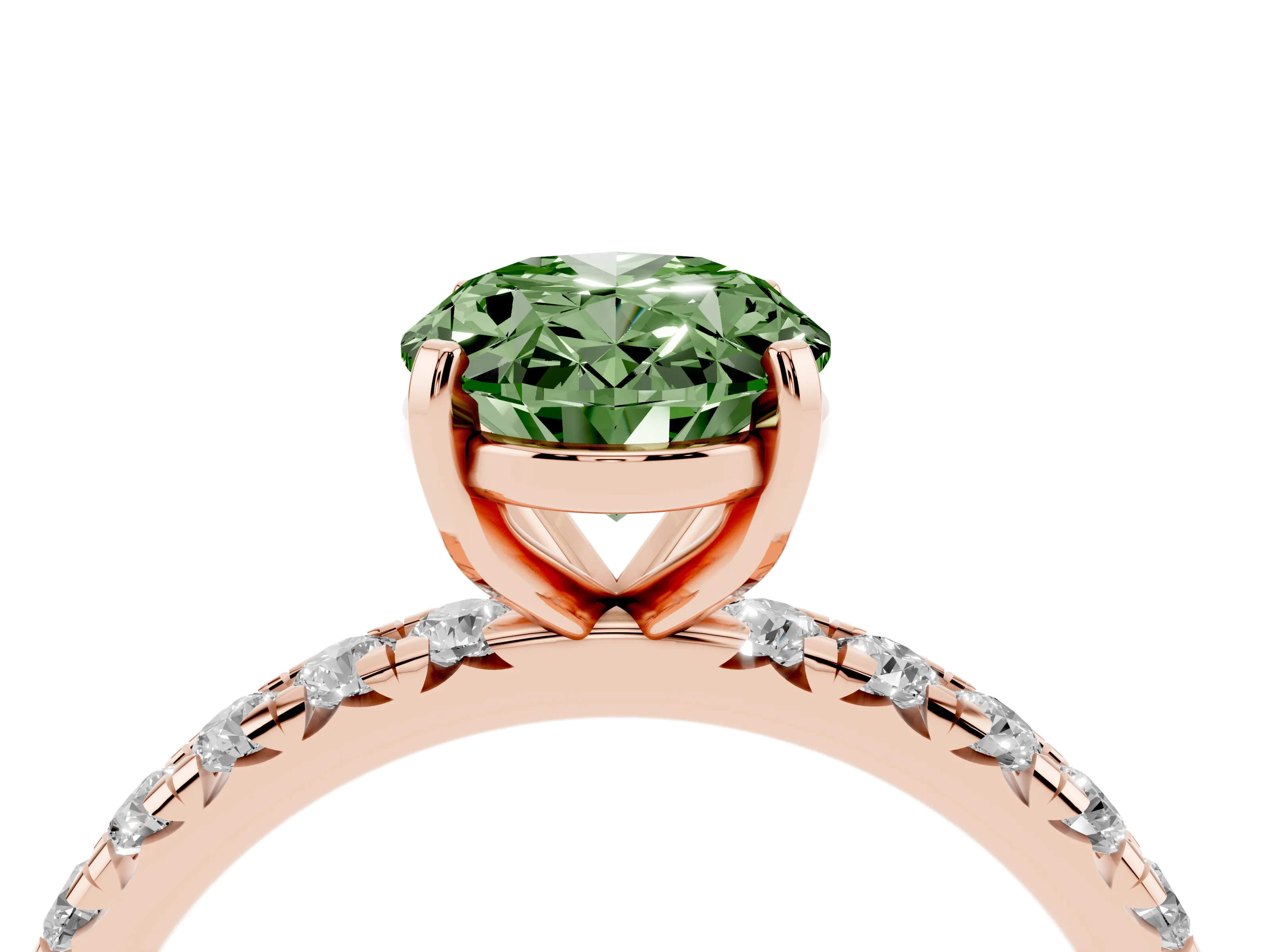 Fancy Green Oval Cut Diamond Pavé Solitaire Ring Set in Rose gold with Round Band and Prong Setting