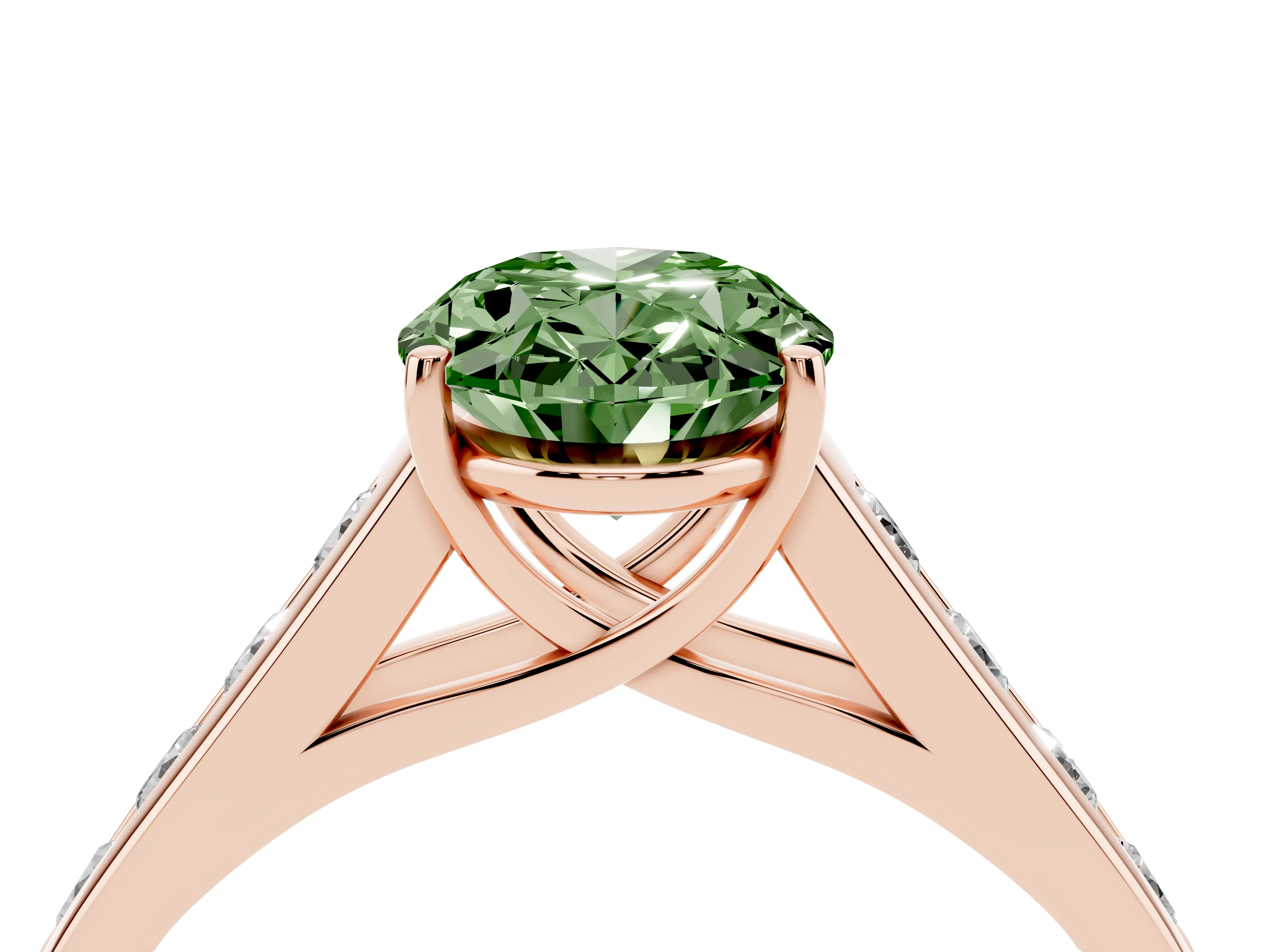 Fancy Green Oval Cut Diamond Solitaire Channel-Set Engagement Ring Set in Rose gold with Prong Setting