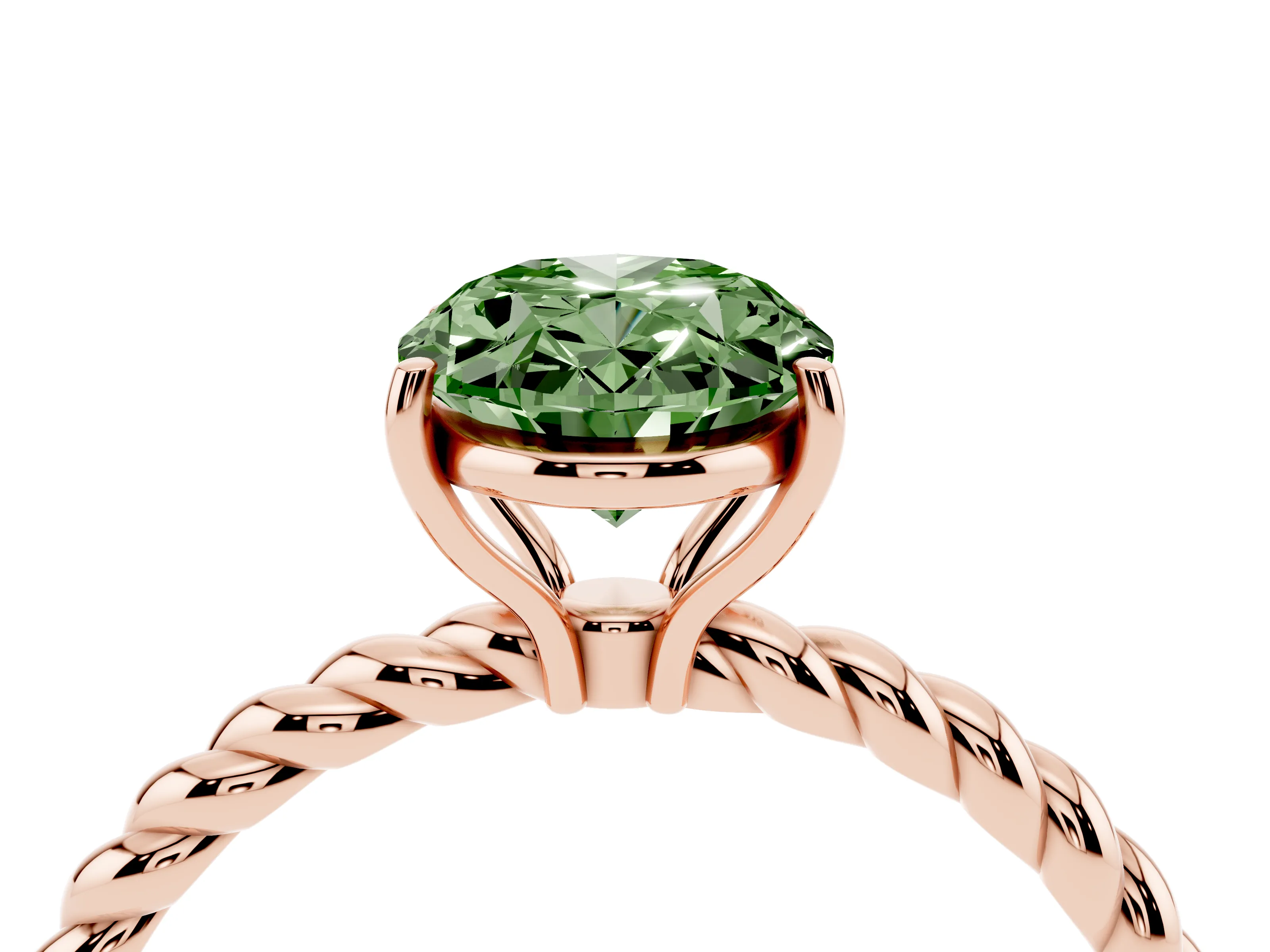 Fancy Green Oval Cut Diamond Solitaire Twisted Band Ring Set in Rose gold with Prong Solitaire Setting
