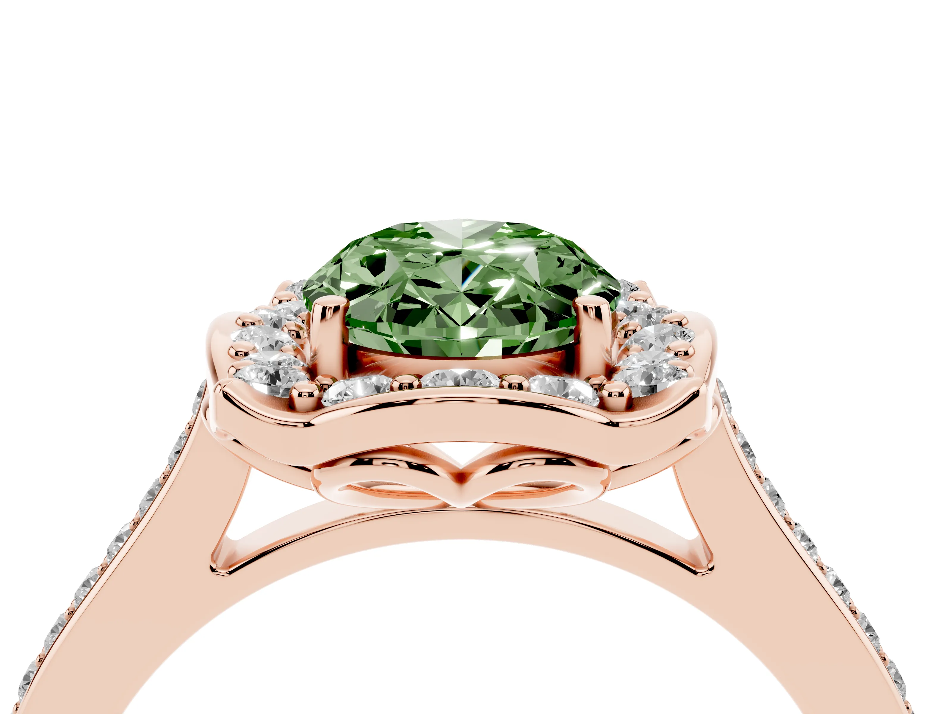 Fancy Green Oval Cut Diamond Halo Ring Set in Rose gold with Pavé-Lined Shoulders and Prong Setting