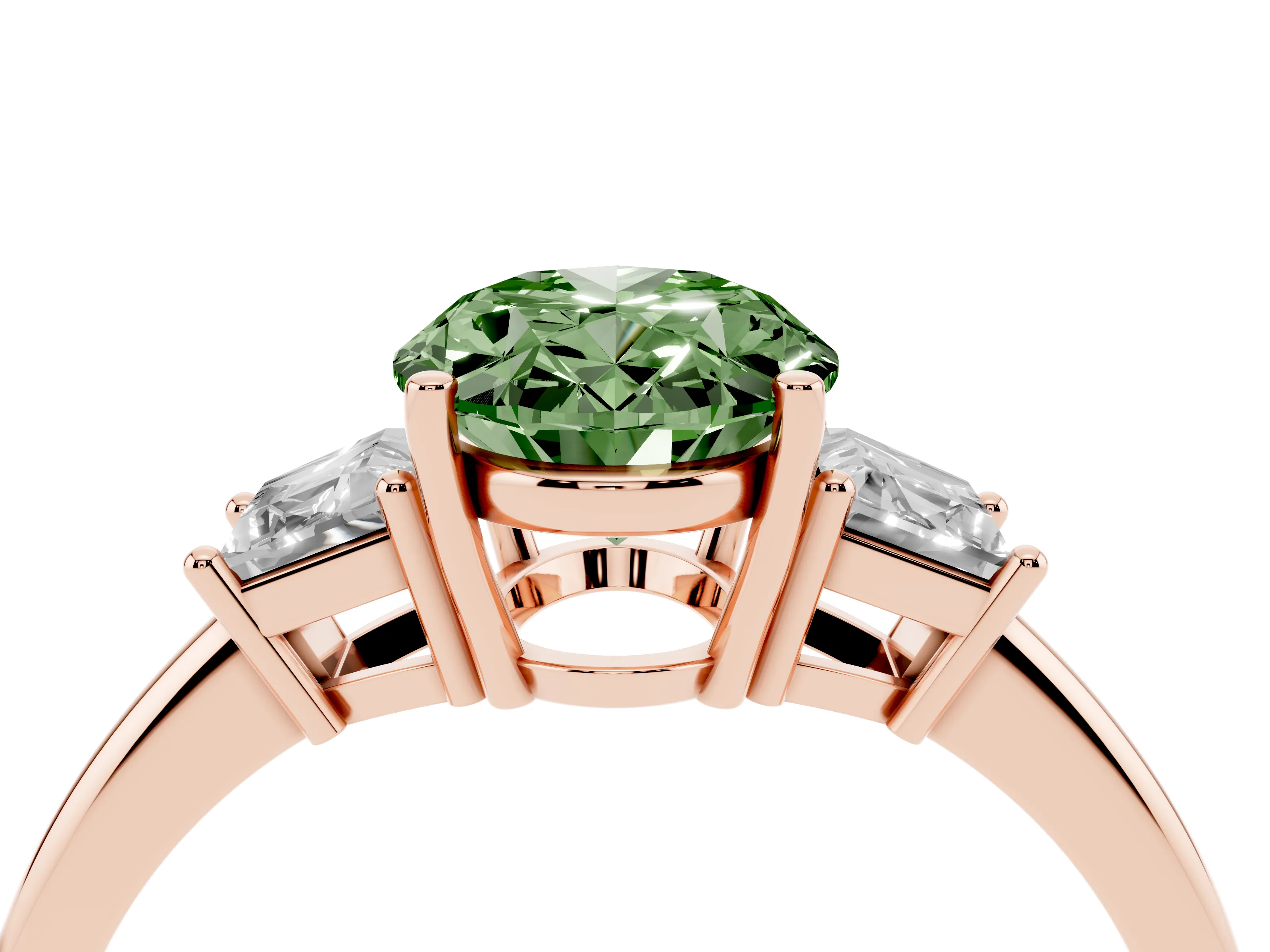 Fancy Green Oval Cut Diamond Three-Stone Ring Set in Rose gold with Trapezoid Side Stones and Prong Setting