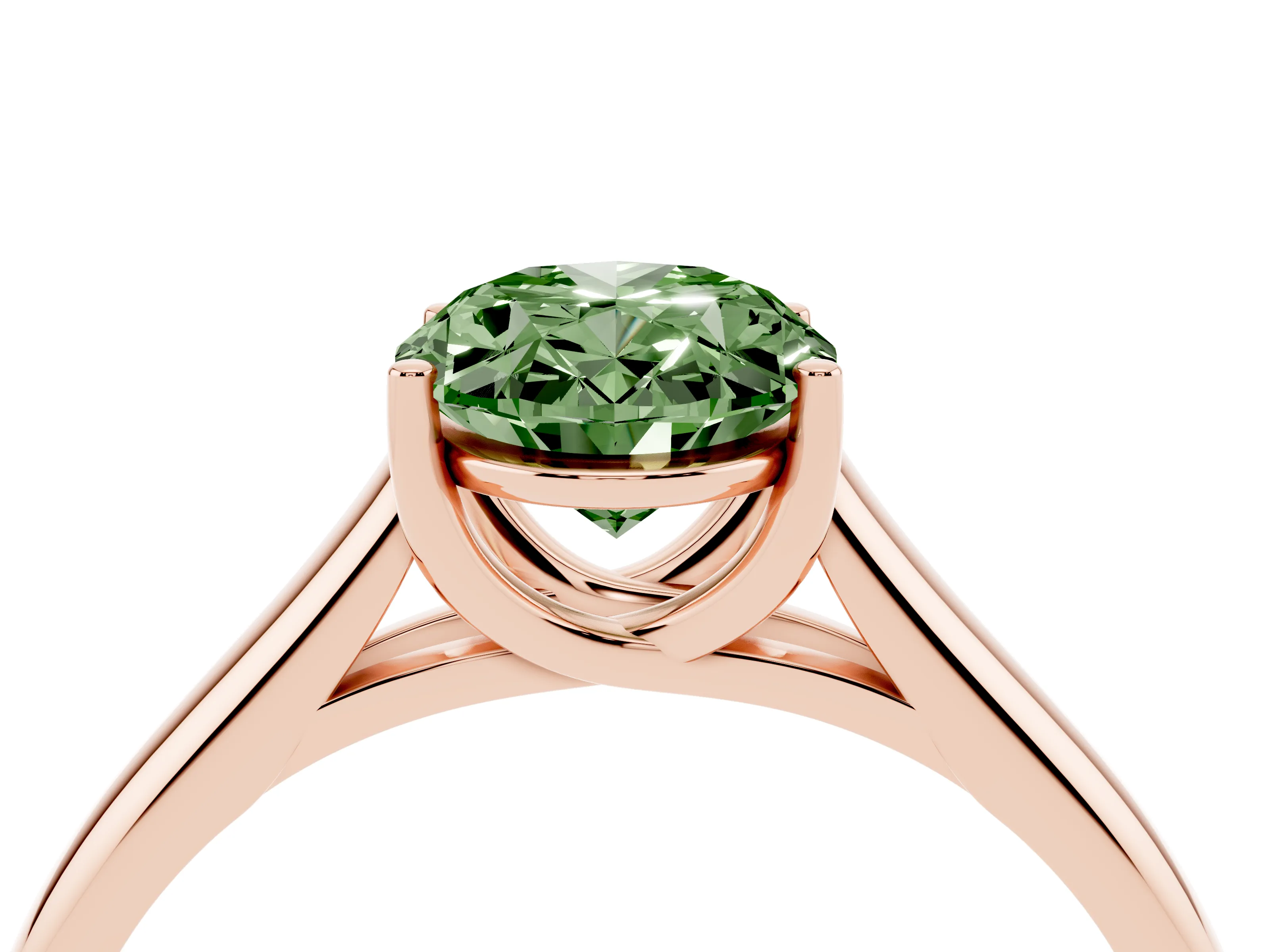 Fancy Green Oval Cut Diamond Solitaire Engagement Ring Set in Rose gold with Subtly Tapered Band and Prong Setting