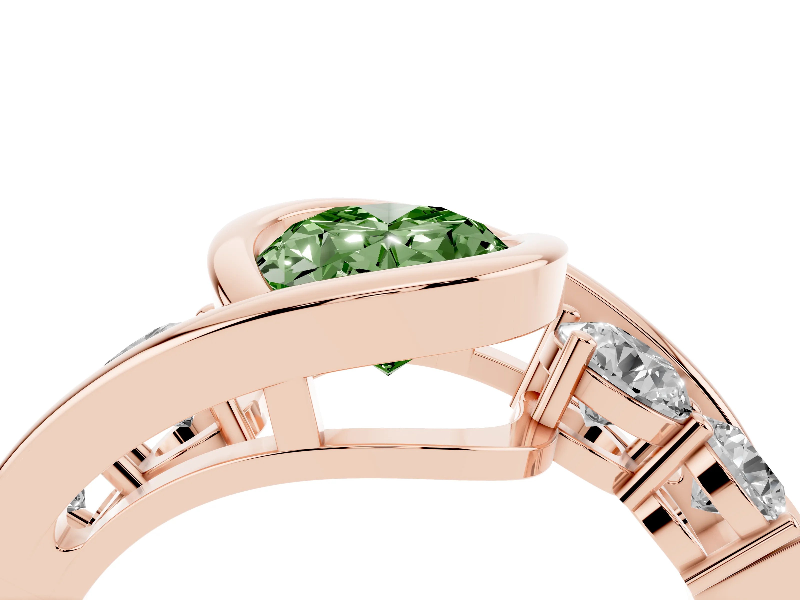 Fancy Green Oval Cut Diamond Bezel Bypass Ring Set in Rose gold with Round Accents