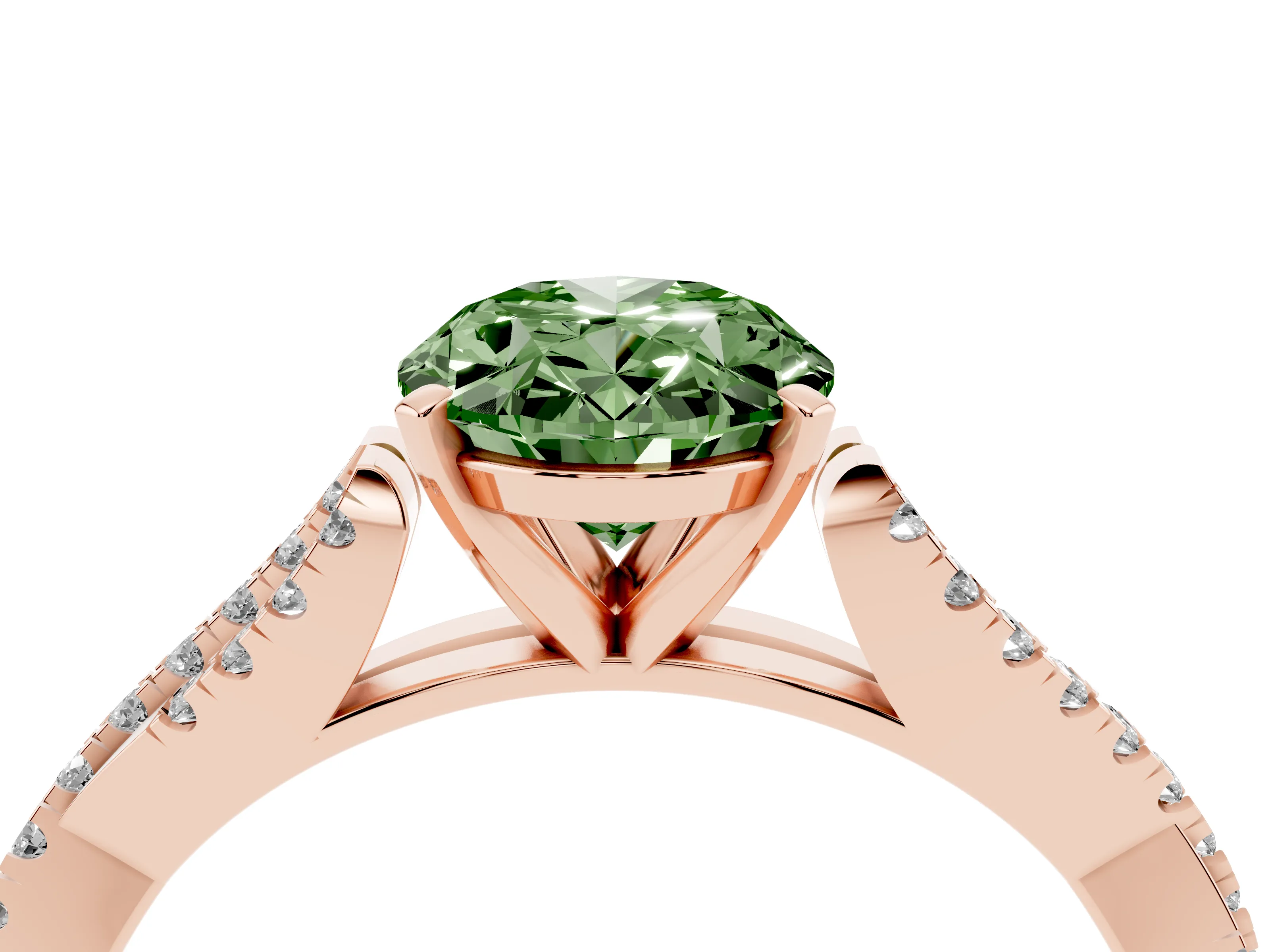 Fancy Green Oval Cut Diamond Solitaire Engagement Ring Set in Rose gold with Twisted Pavé Band and Prong Setting