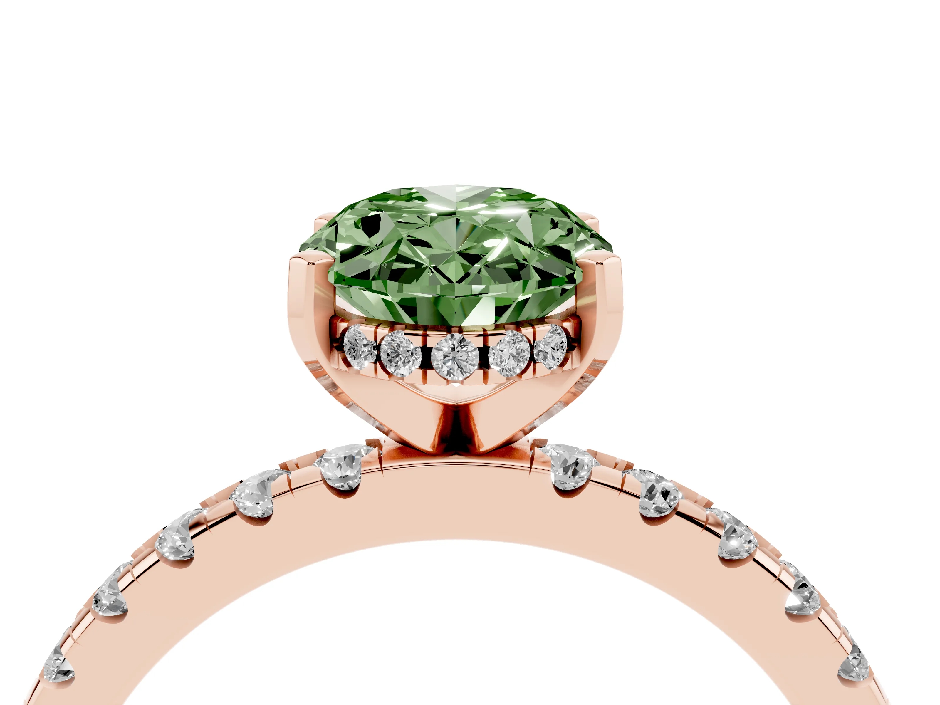 Fancy Green Oval Cut Diamond Pavé Solitaire Ring Set in Rose gold with Round Band Accents and Prong Setting