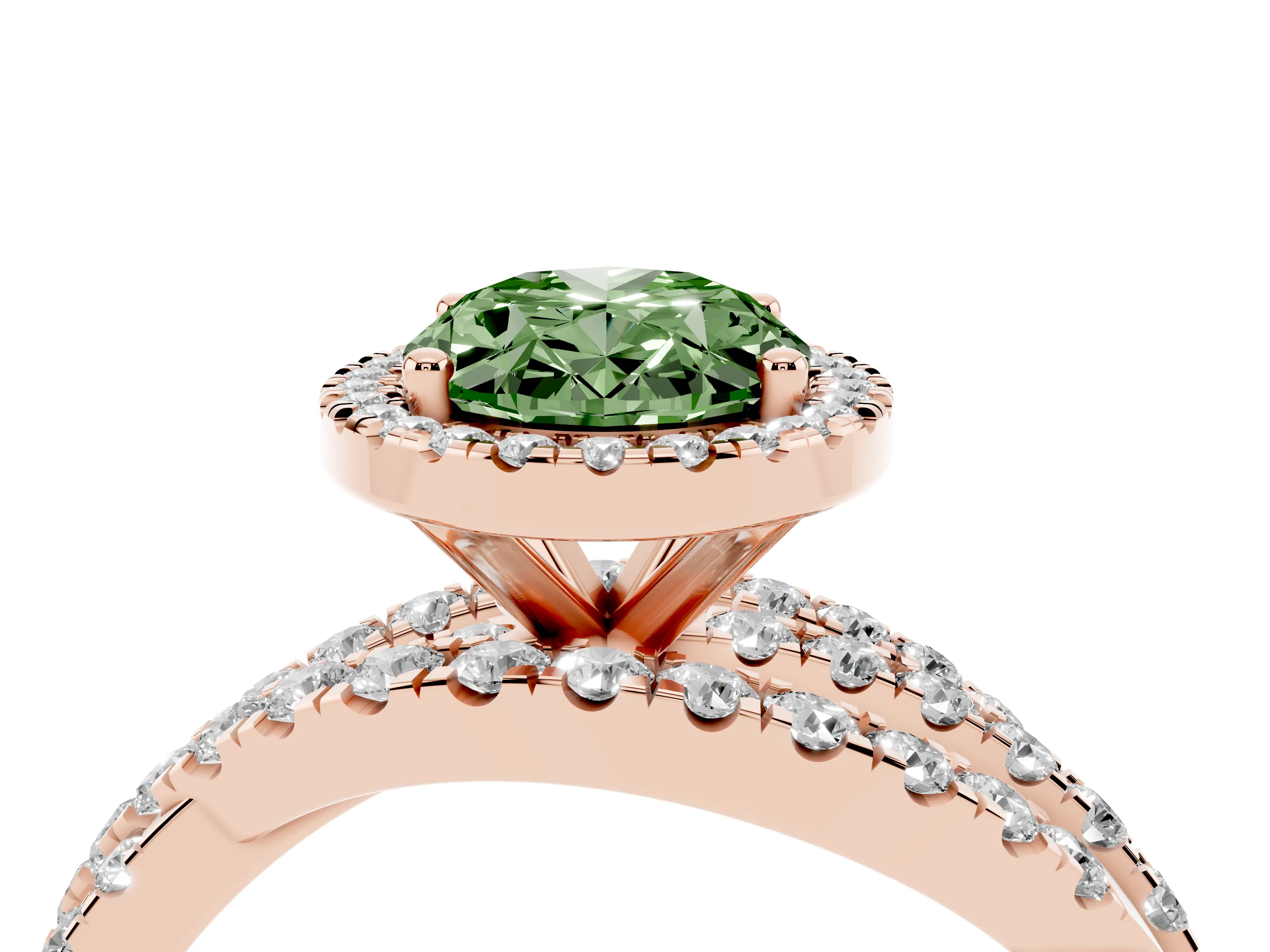 Fancy Green Oval Cut Diamond Halo Ring Set in Rose gold with Round Crossover Split Shank and Prong Setting