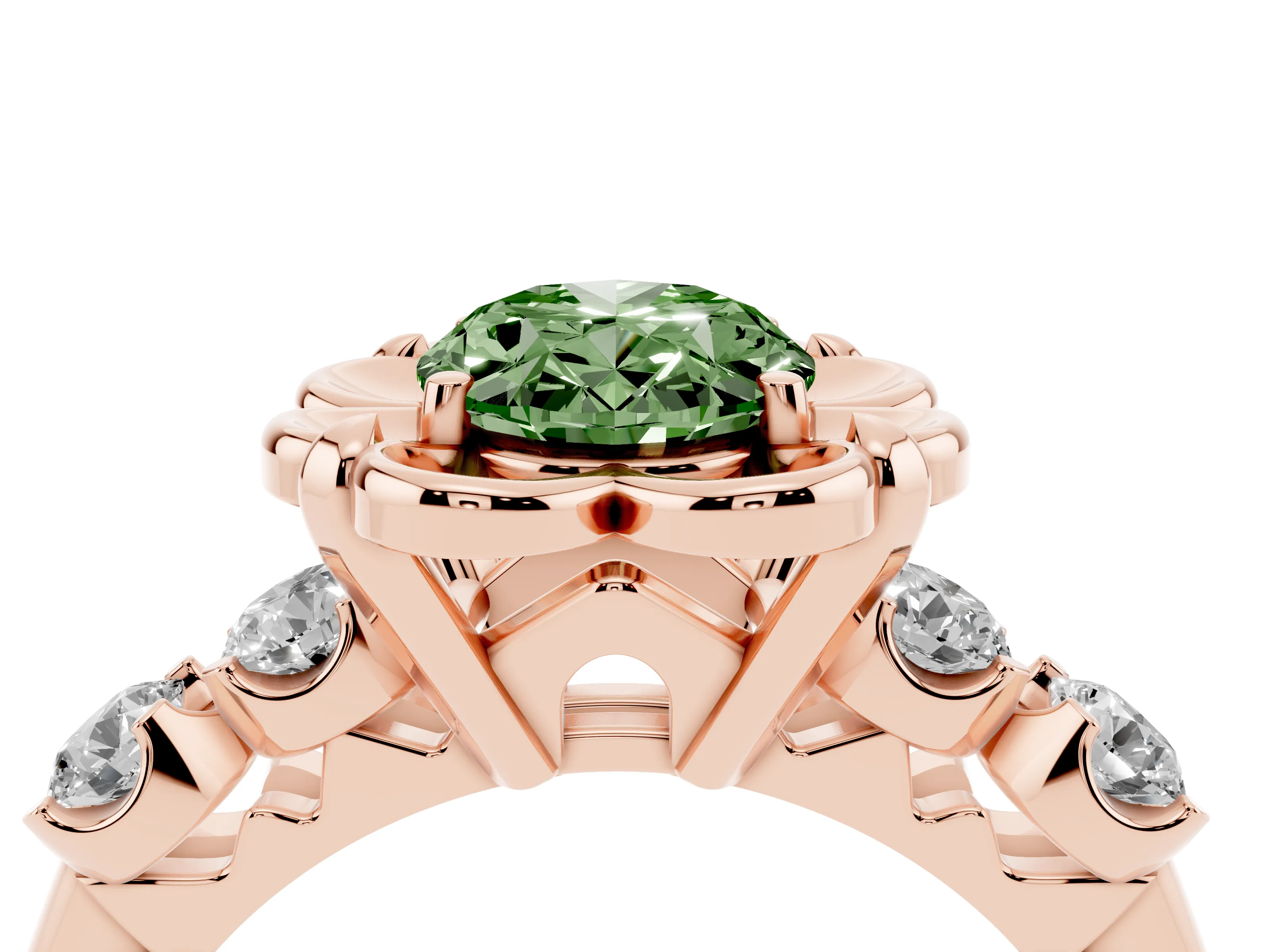 Fancy Green Oval Cut Diamond Floral Halo Ring Set in Rose gold with Shared Prong Band