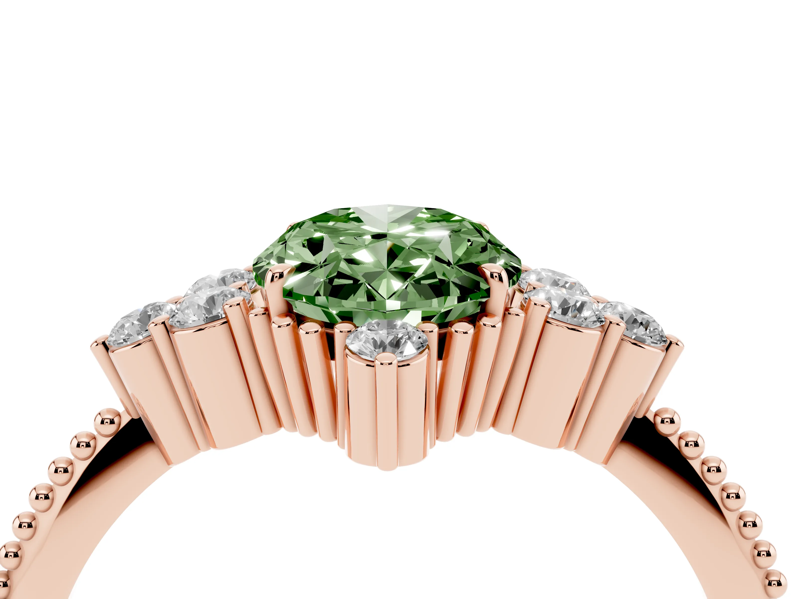 Fancy Green Oval Cut Diamond Cluster Ring Set in Rose gold with Beaded Band