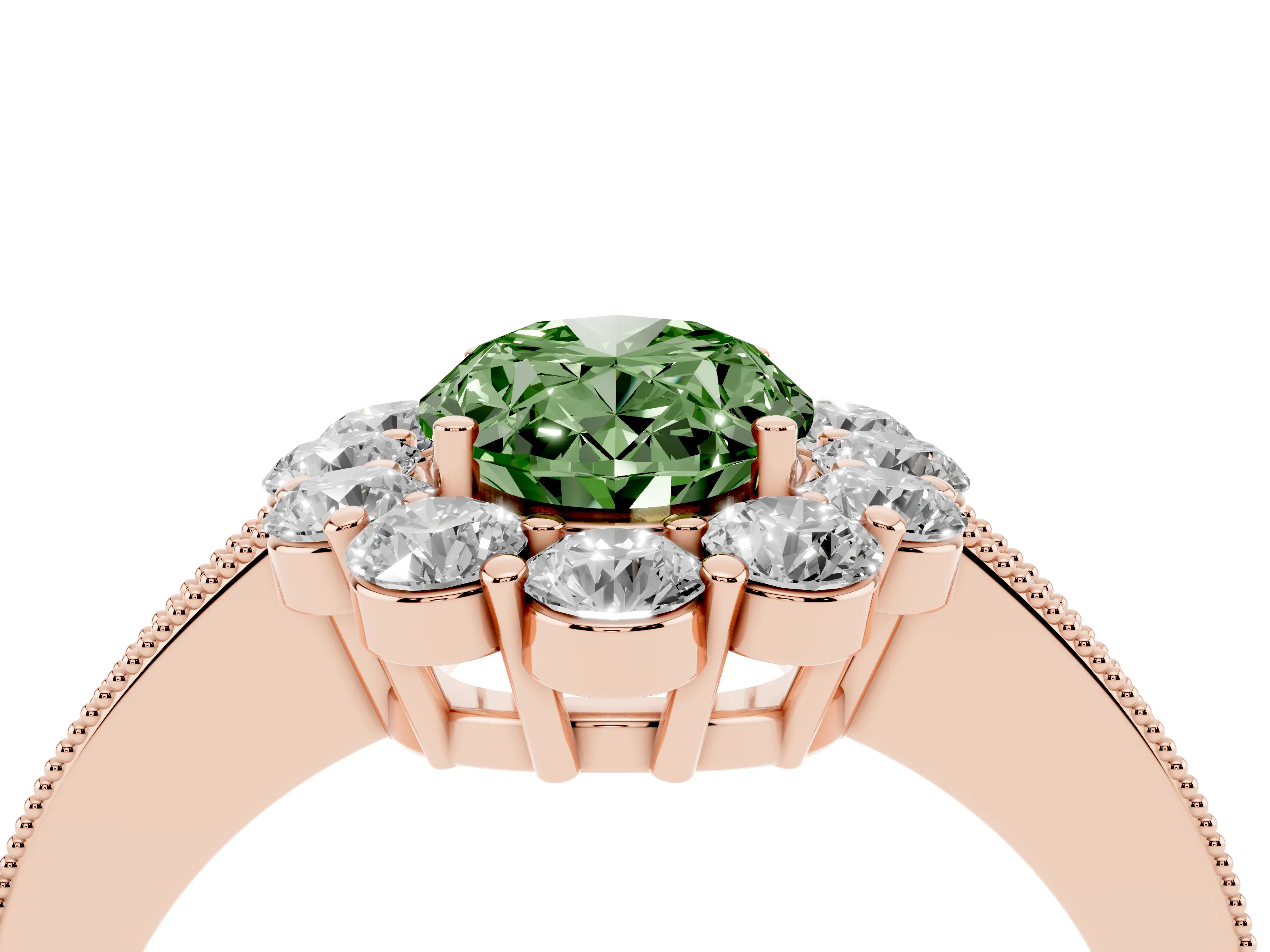 Fancy Green Oval Cut Diamond Halo Pavé Engagement Ring Set in Rose gold with Milgrain Detailing