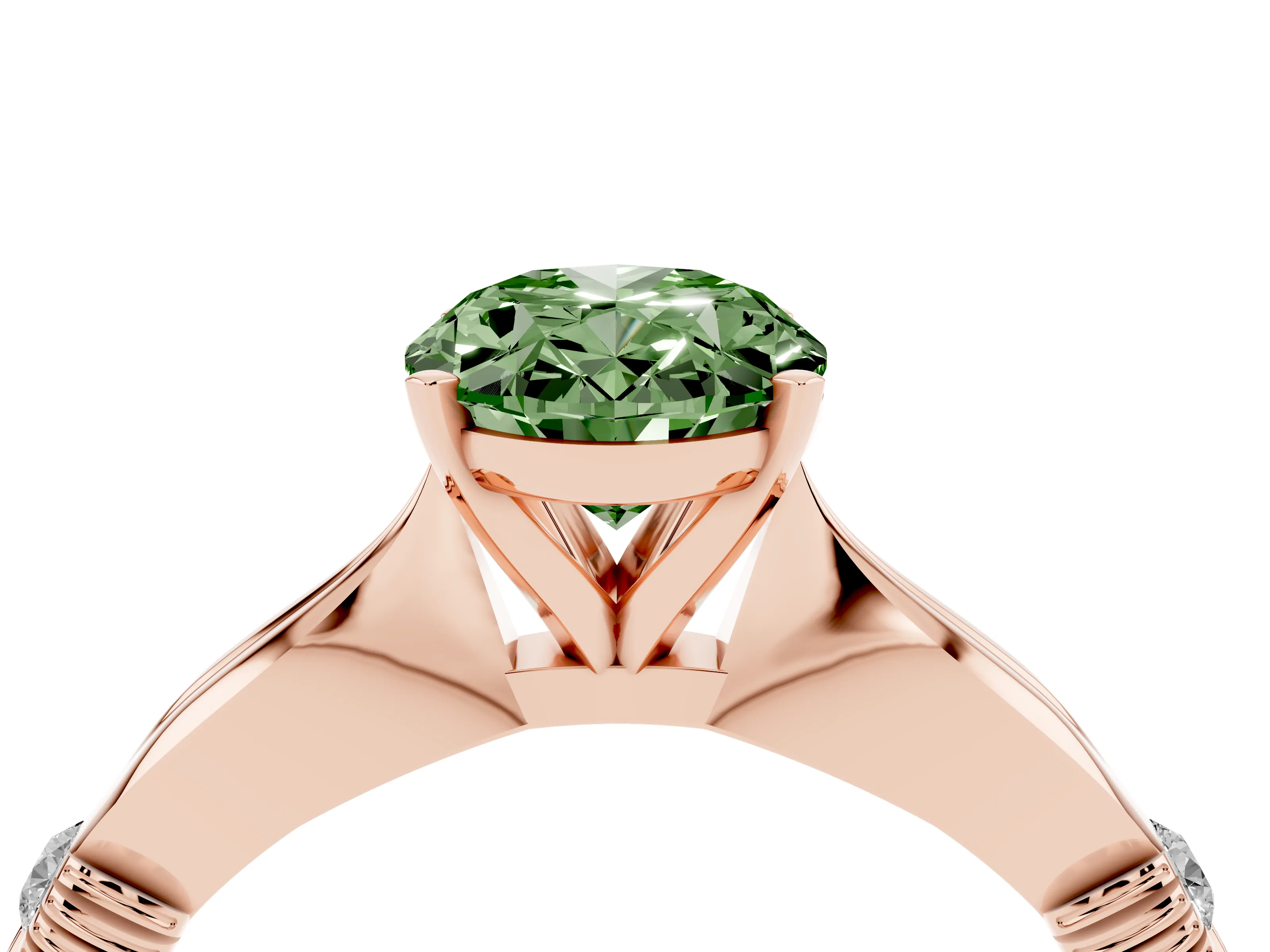 Fancy Green Oval Cut Diamond Solitaire Twisted Band Ring Set in Rose gold with Accent Stones and Prong Setting