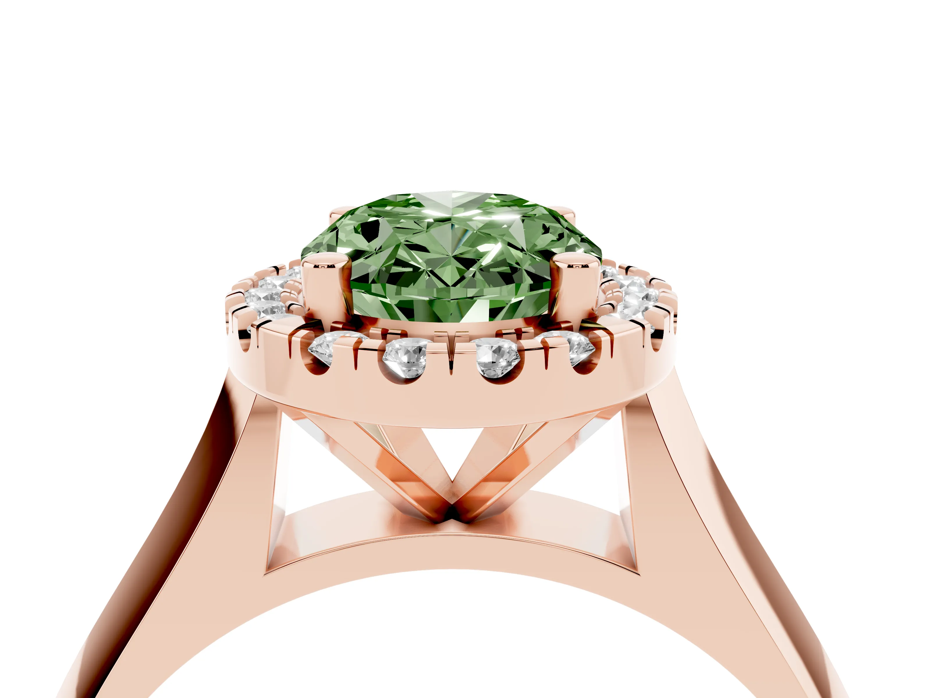 Fancy Green Oval Cut Diamond Halo Solitaire Engagement Ring Set in Rose gold with Square Band and Prong Setting