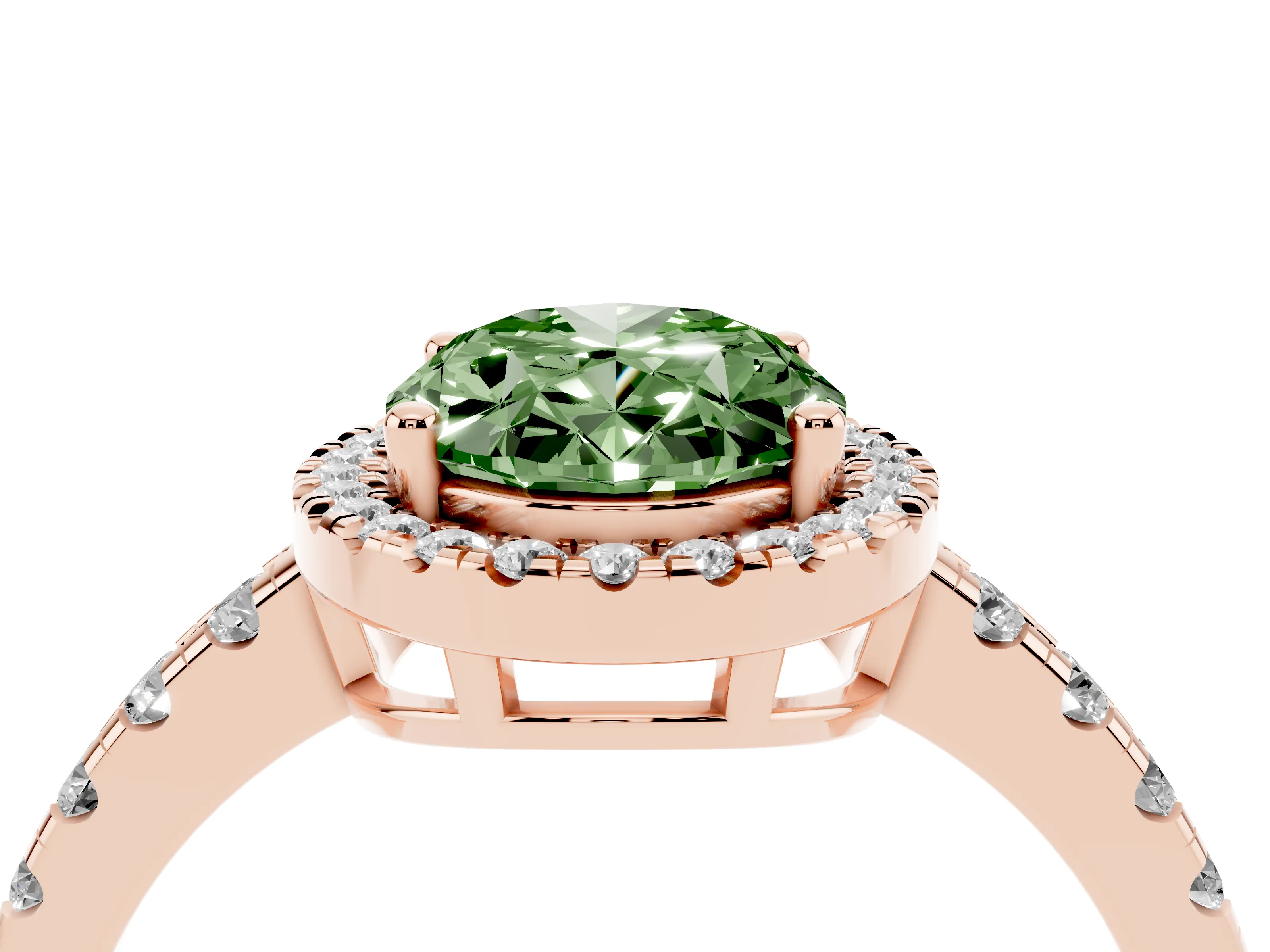 Fancy Green Oval Cut Diamond Halo Ring Set in Rose gold with Delicate Pavé Band and Prong Setting