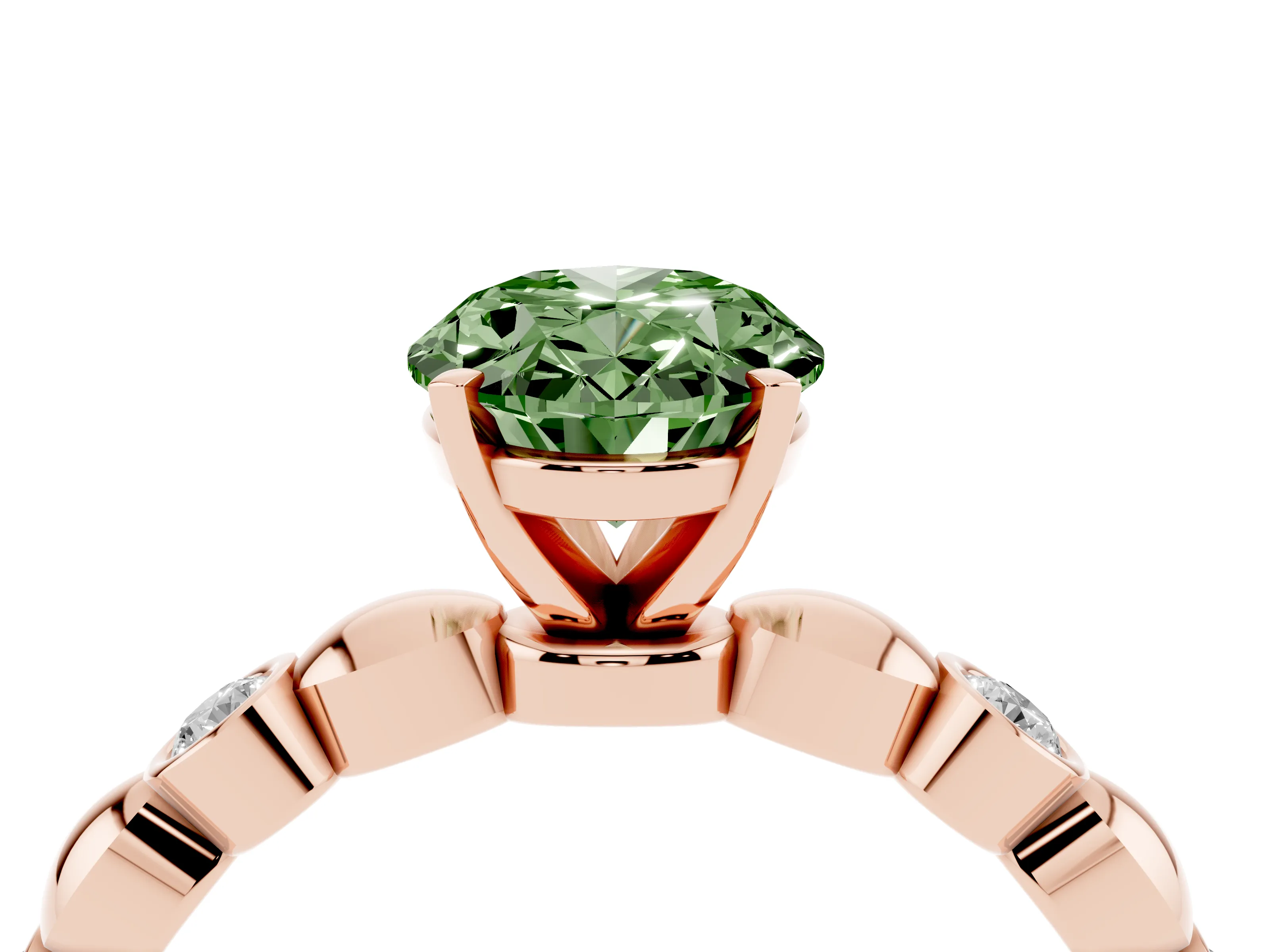 Fancy Green Oval Cut Diamond Solitaire Ring Set in Rose gold with Bezel-Set Accents on Beaded Band and Prong Setting
