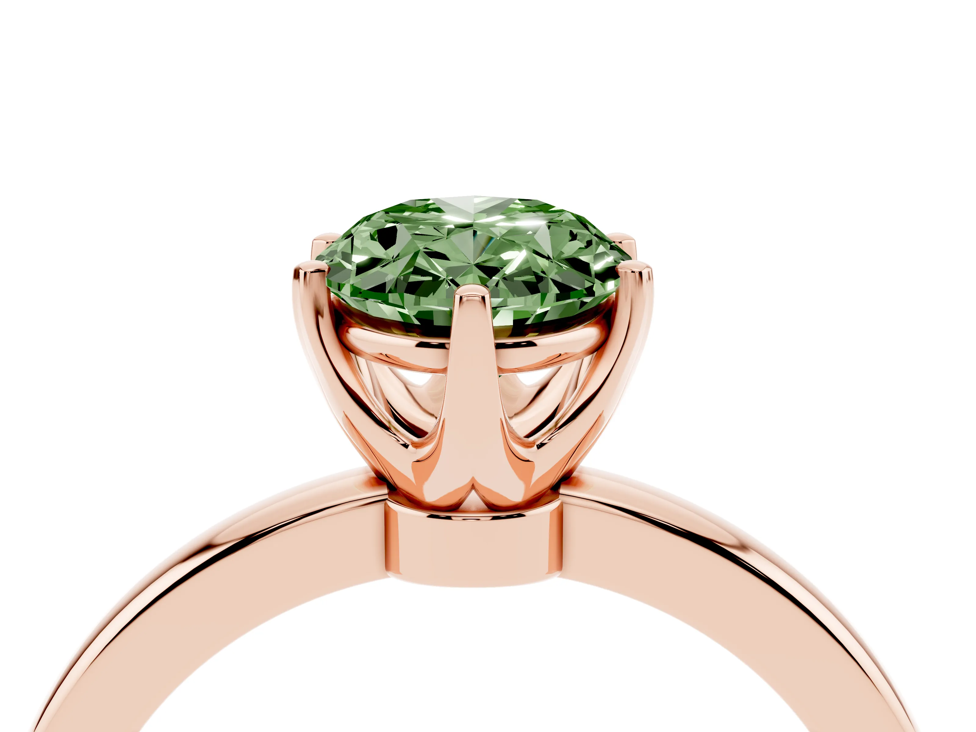 Fancy Green Oval Cut Diamond Solitaire Ring Set in Rose gold with Raised Prong Setting on a Classic Band