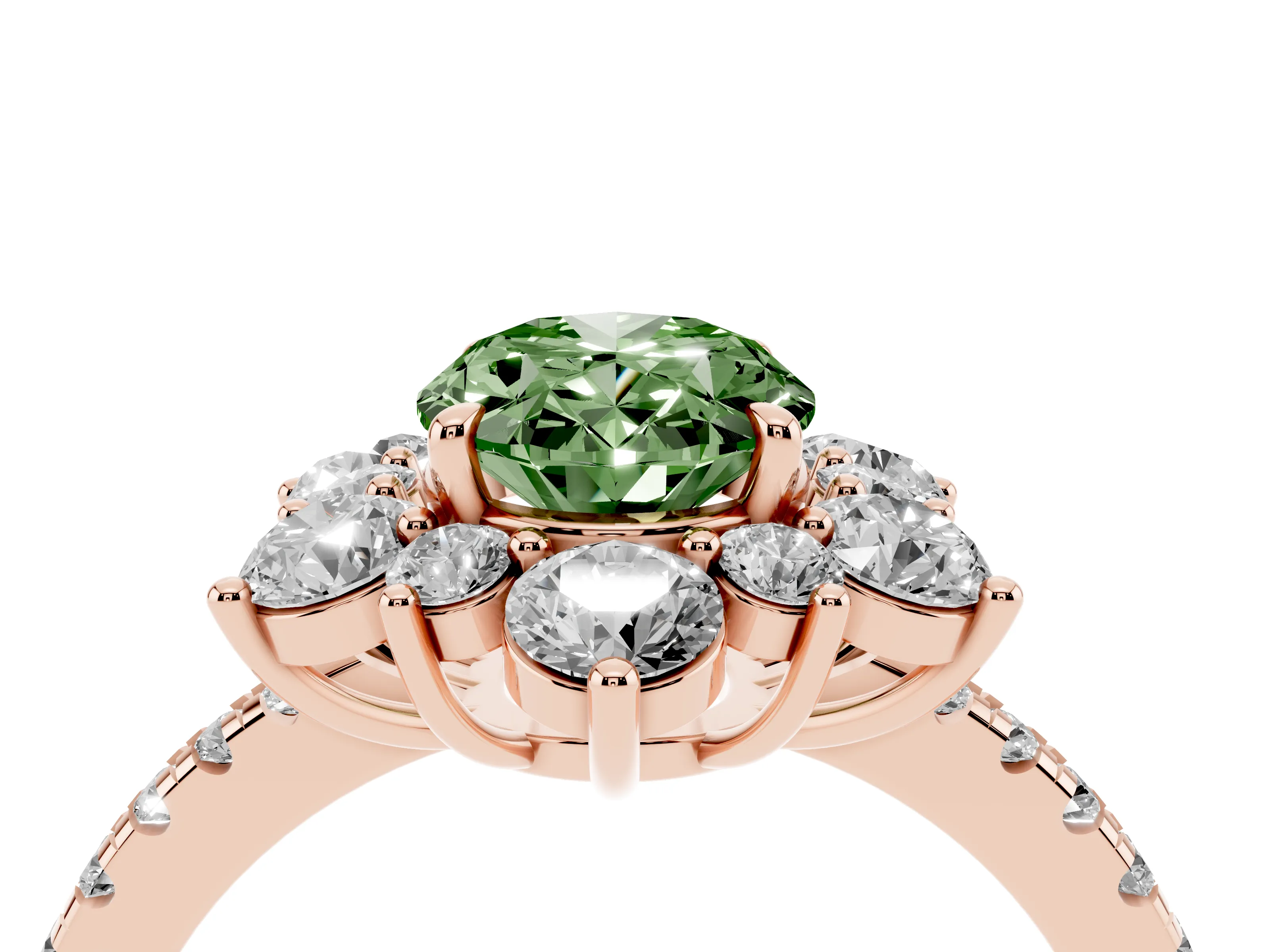 Fancy Green Oval Cut Diamond Floral Halo Ring Set in Rose gold with Round Pavé Band and Prong Setting