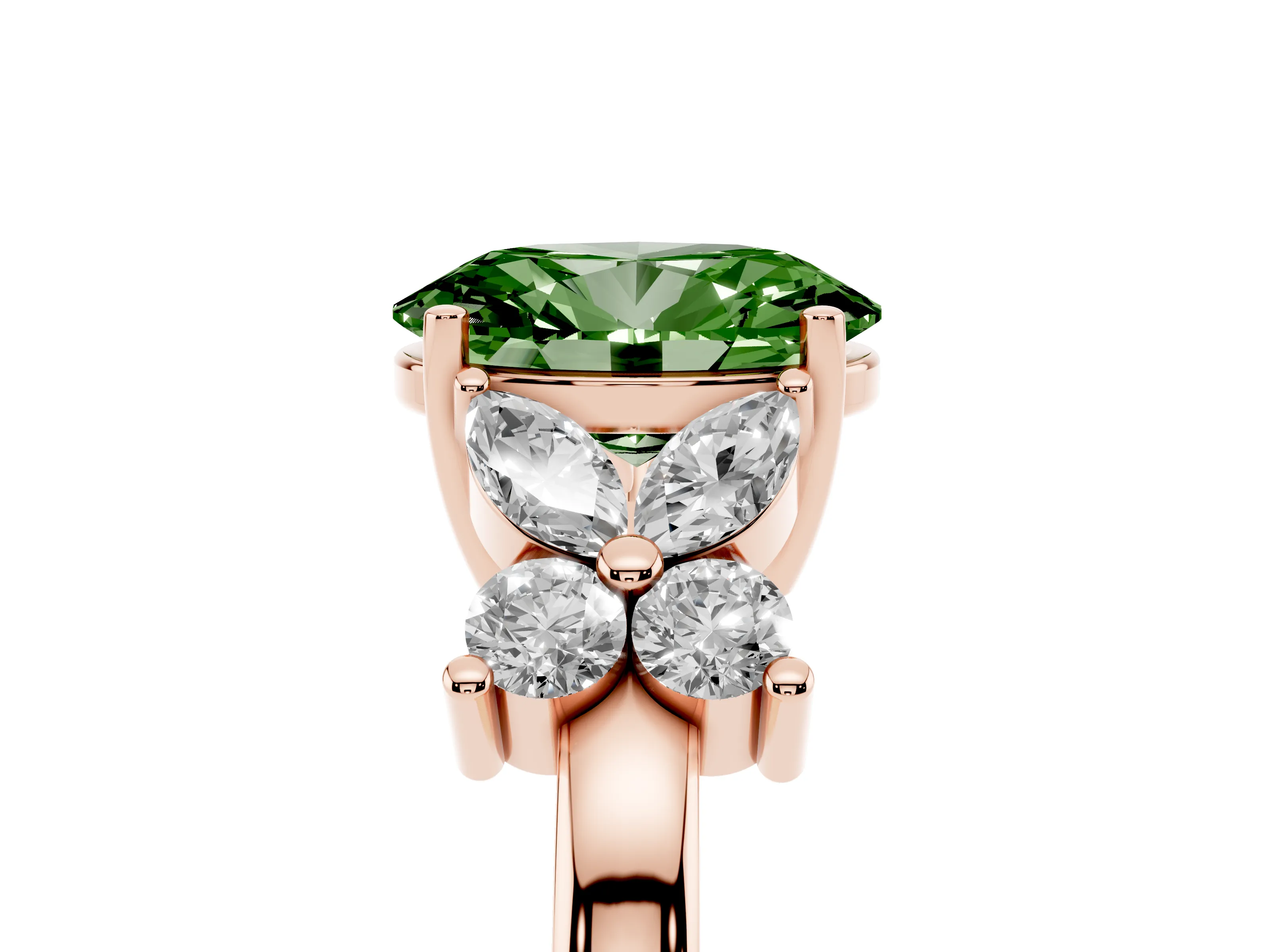 Fancy Green Oval Cut Diamond Floral Cluster Ring Set in Rose gold with Marquise Petals and Prong Setting