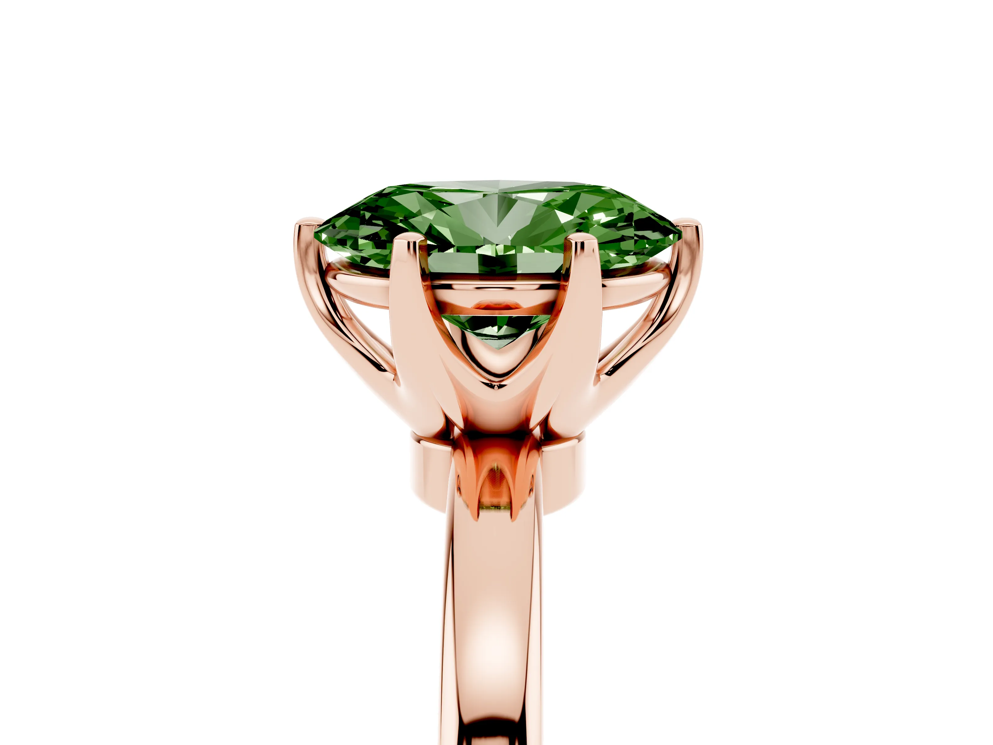 Fancy Green Oval Cut Diamond Solitaire Ring Set in Rose gold with Raised Prong Setting on a Classic Band