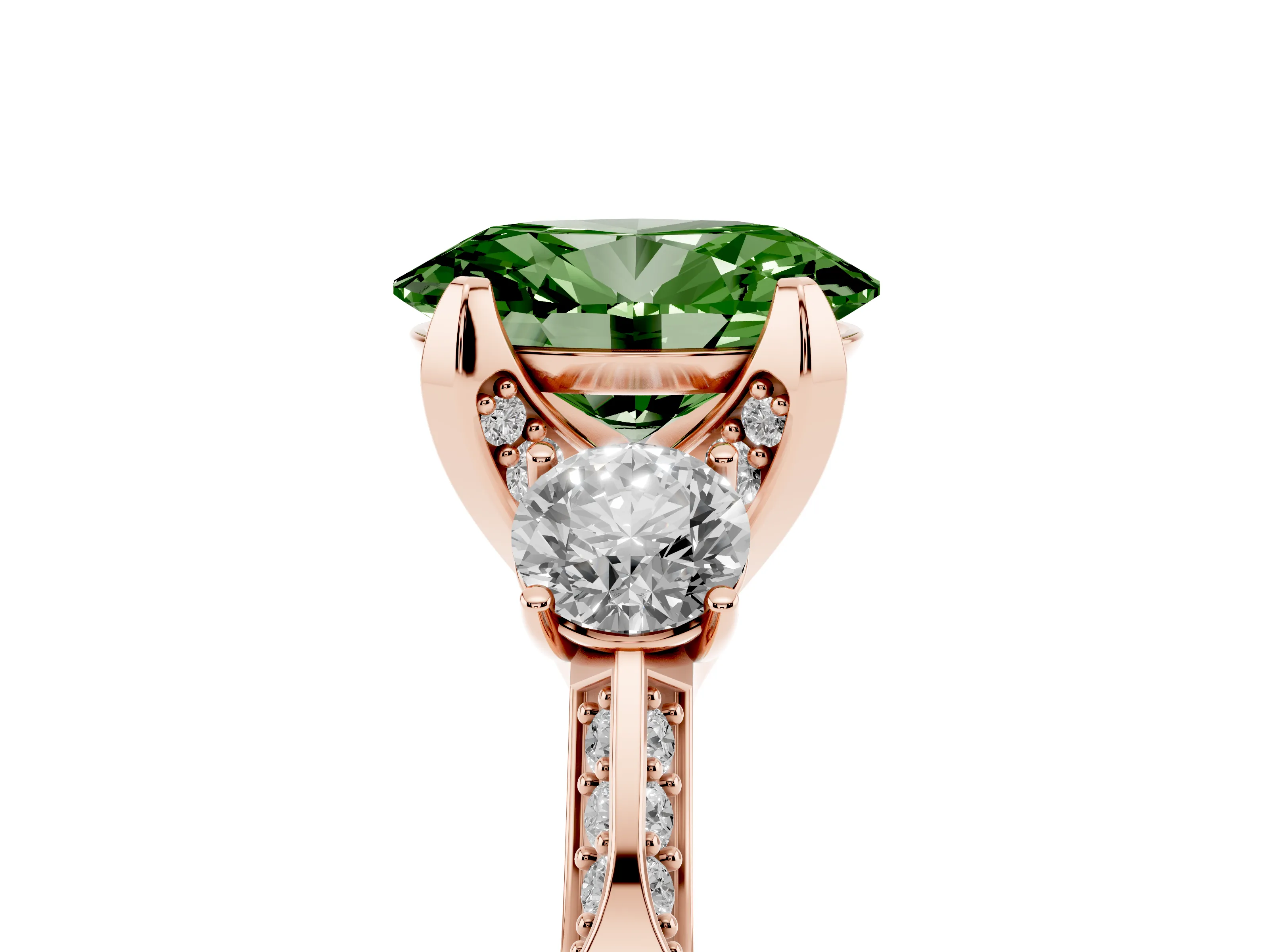 Fancy Green Oval Cut Diamond Three-Stone Ring Set in Rose gold with Pavé Band and Smaller Side Stones