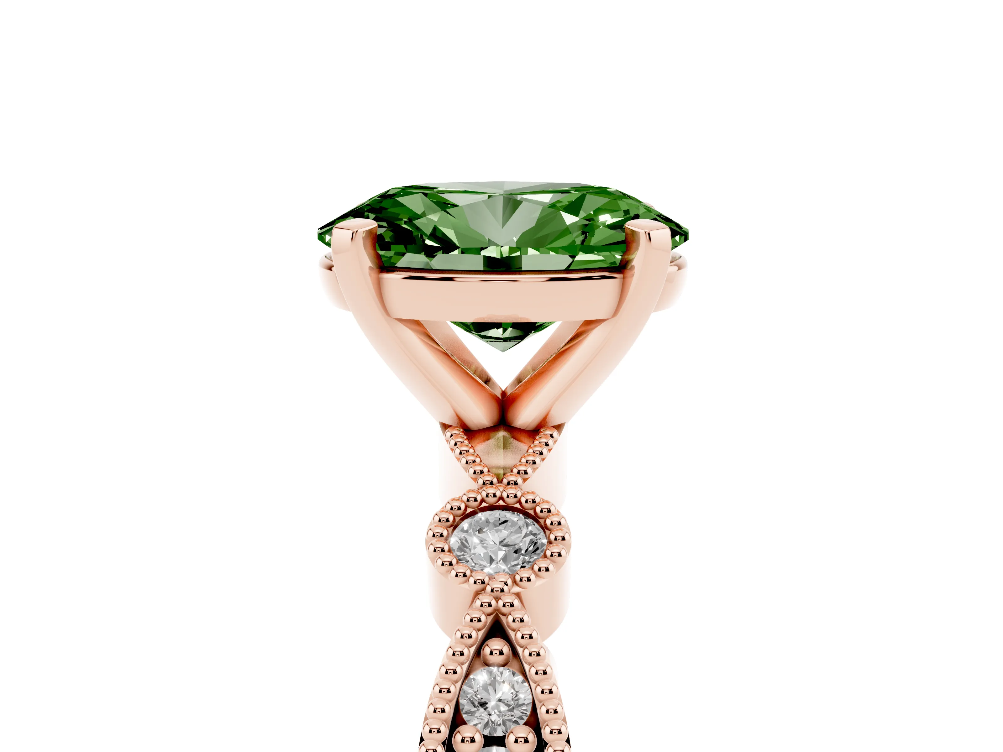 Fancy Green Oval Cut Diamond Solitaire Engagement Ring Set in Rose gold with Milgrain Bezel Accent Band