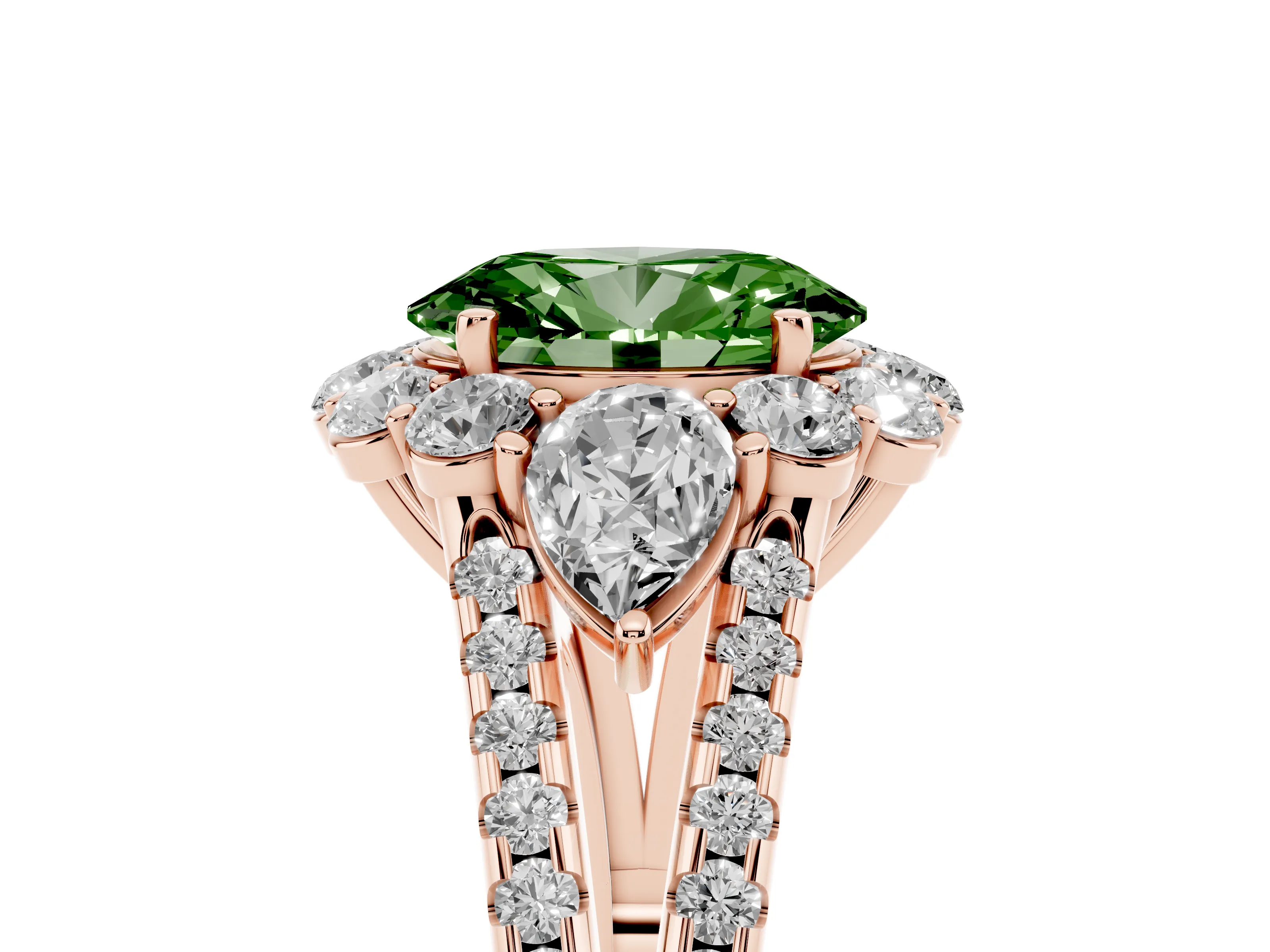 Fancy Green Oval Cut Diamond Halo Split Shank Engagement Ring Set in Rose gold with Prong-Held Center Stone