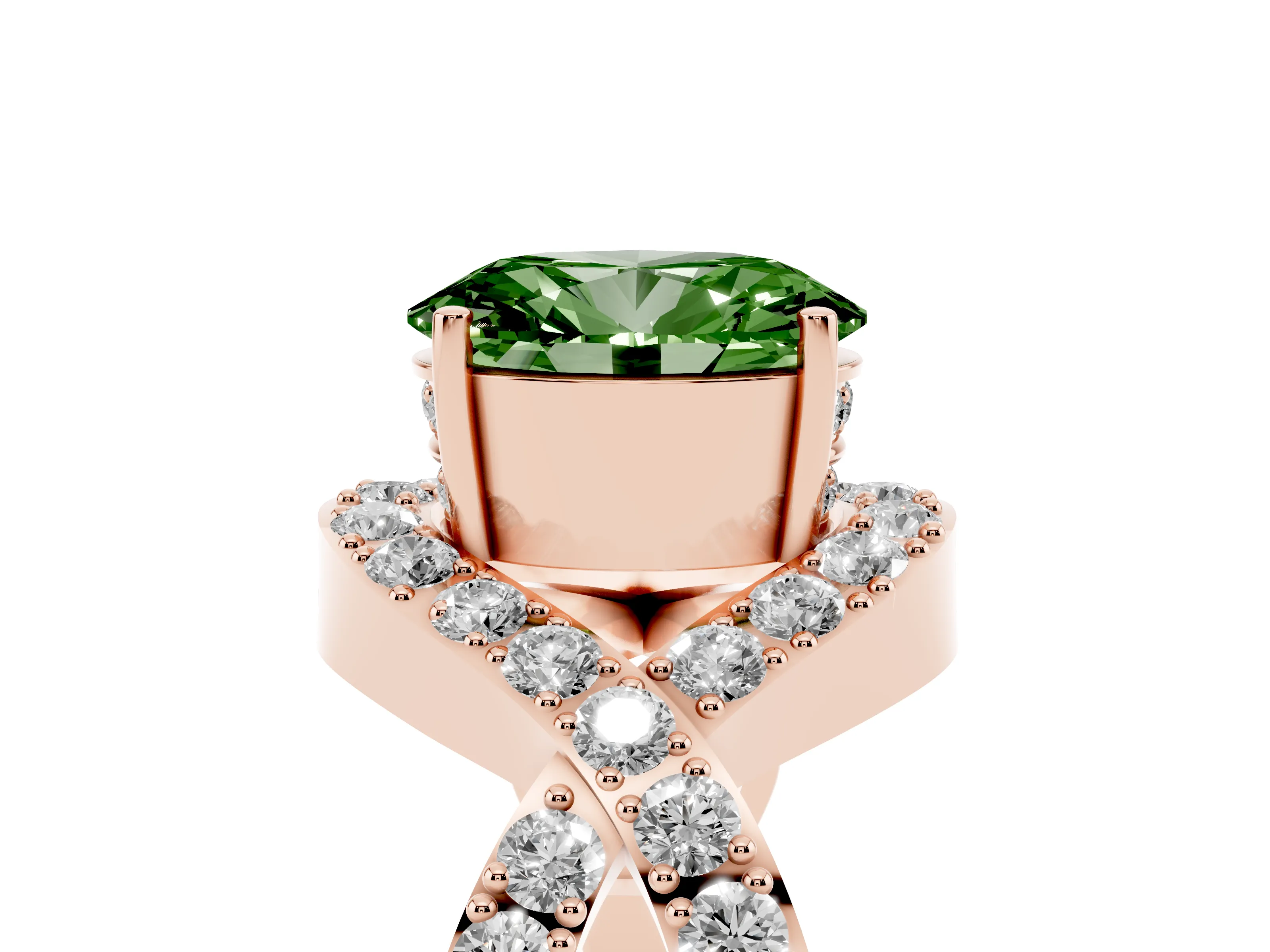 Fancy Green Oval Cut Diamond Solitaire Twist Band Pavé Engagement Ring Set in Rose gold