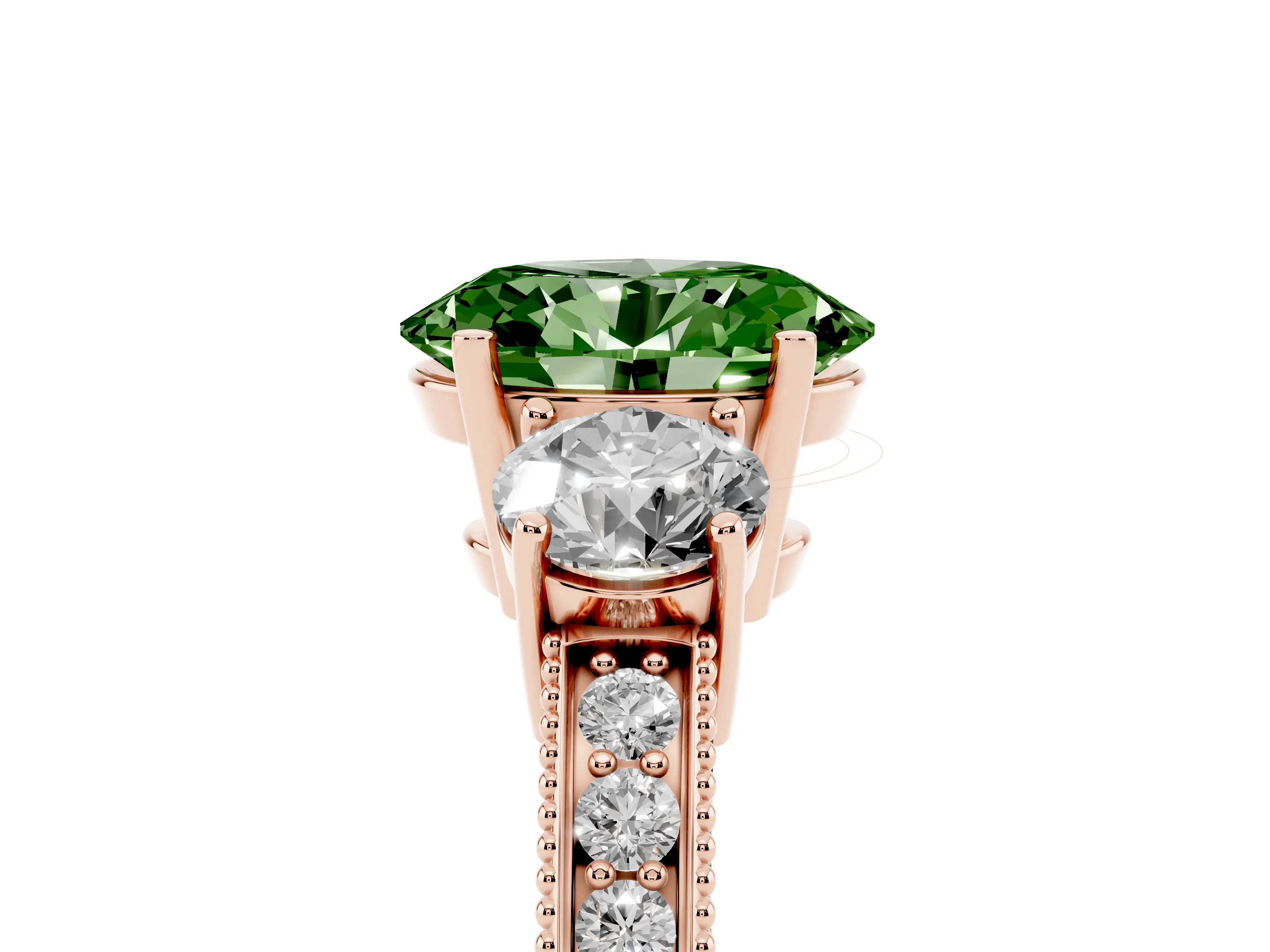 Fancy Green Oval Cut Diamond Three-Stone Ring Set in Rose gold with Round Side Stones and Pavé Band