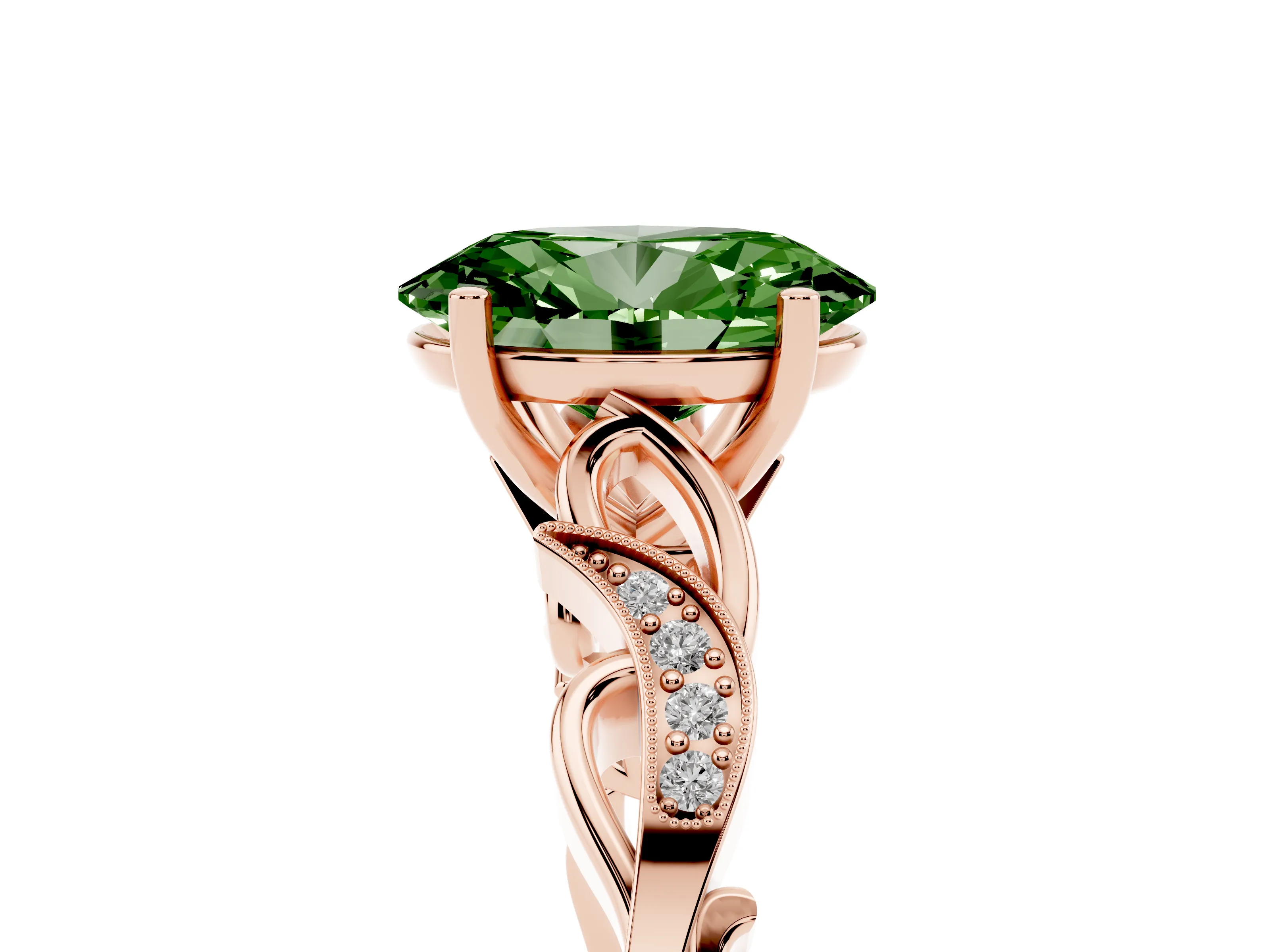 Fancy Green Oval Cut Diamond Vine Band Solitaire Ring Set in Rose gold with Milgrain Prong Setting
