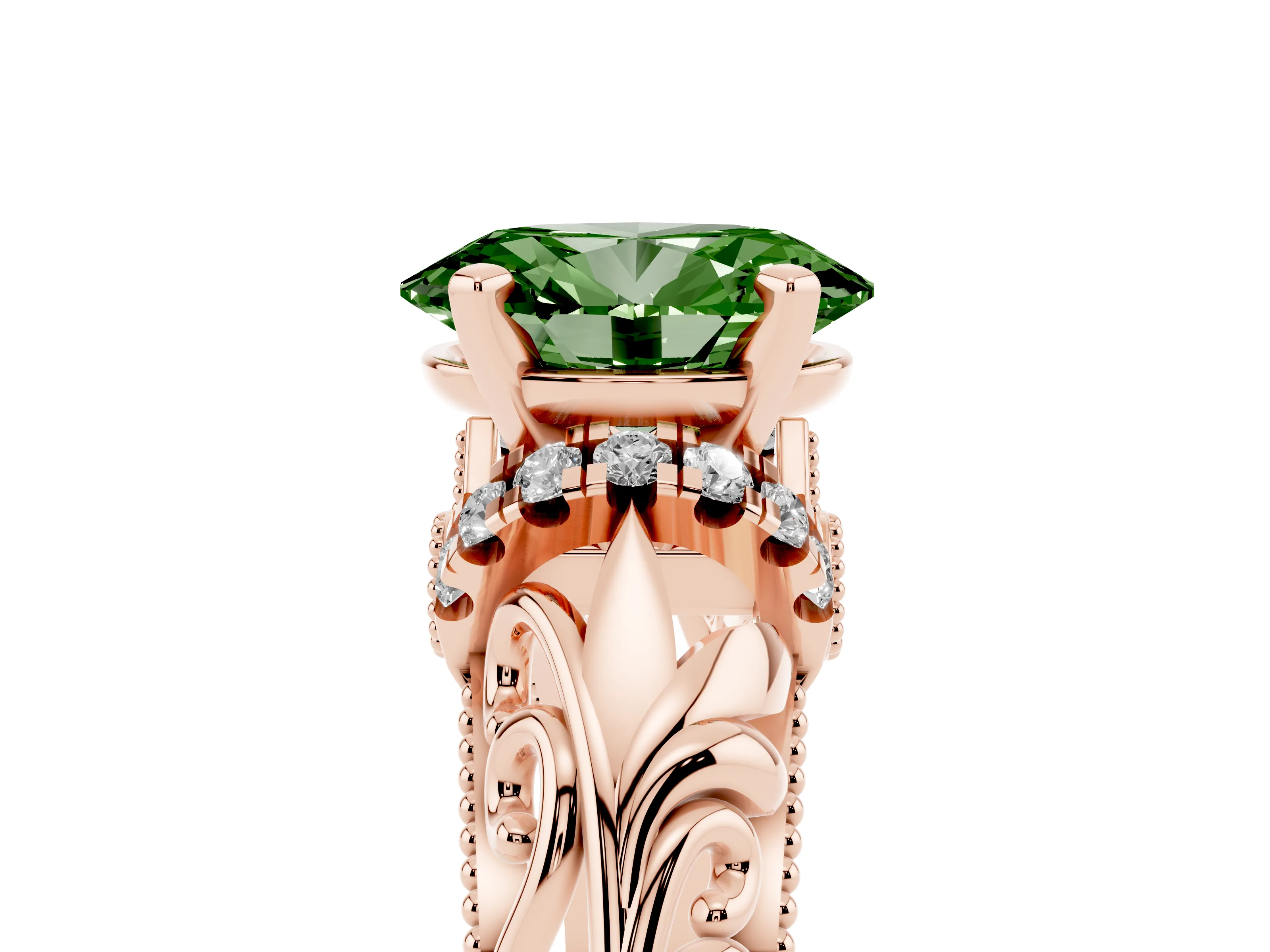 Fancy Green Oval Cut Diamond Filigree Halo Engagement Ring Set in Rose gold with Prong Setting