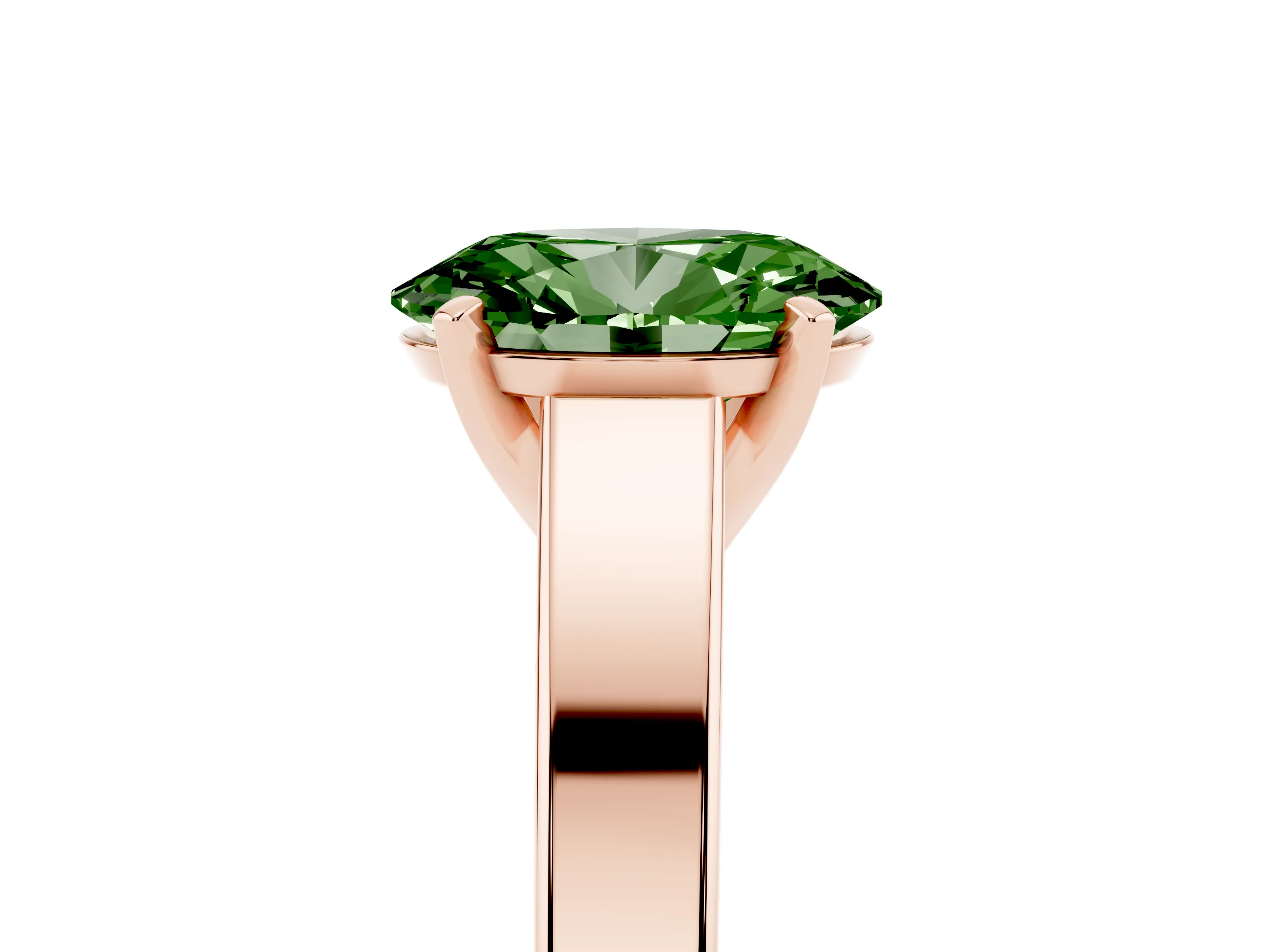 Fancy Green Oval Cut Diamond Solitaire Engagement Ring Set in Rose gold with Prong Setting and Tapered Band