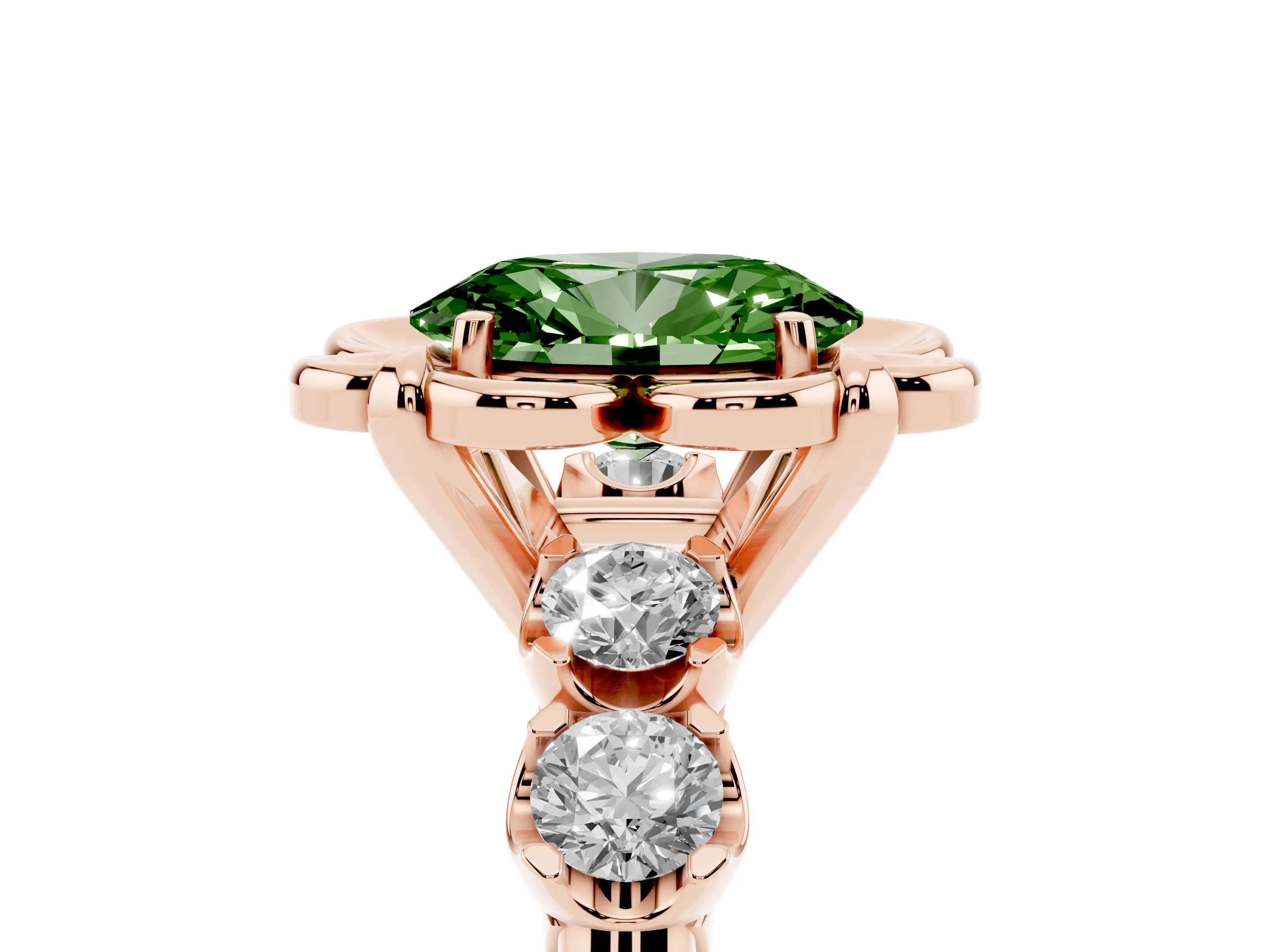 Fancy Green Oval Cut Diamond Floral Halo Ring Set in Rose gold with Shared Prong Band